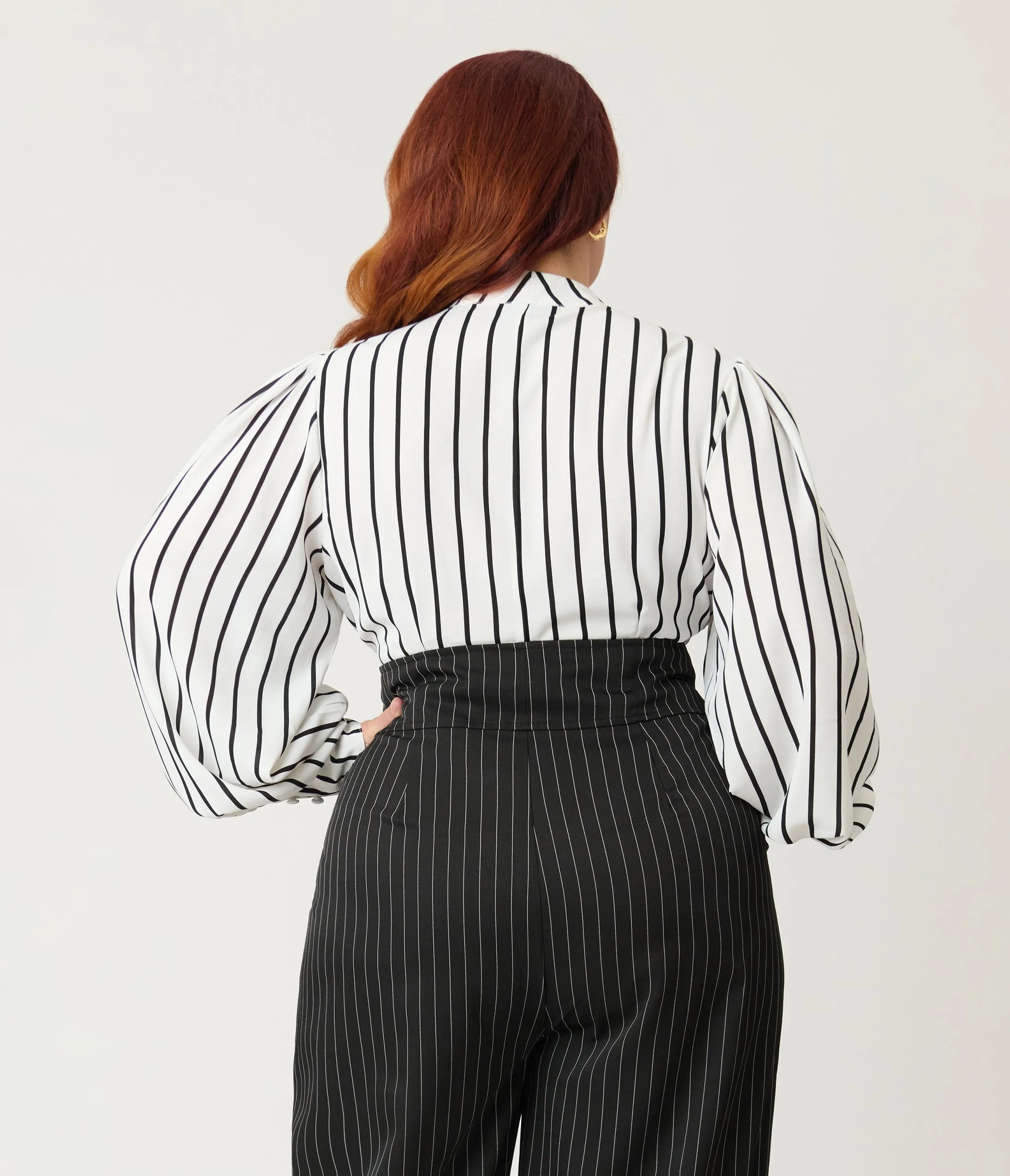 Unique Vintage Plus Size 1940s White & Black Stripe Neck Tie Gwen Blouse sold by Unique Vintage product image thumbnail 2