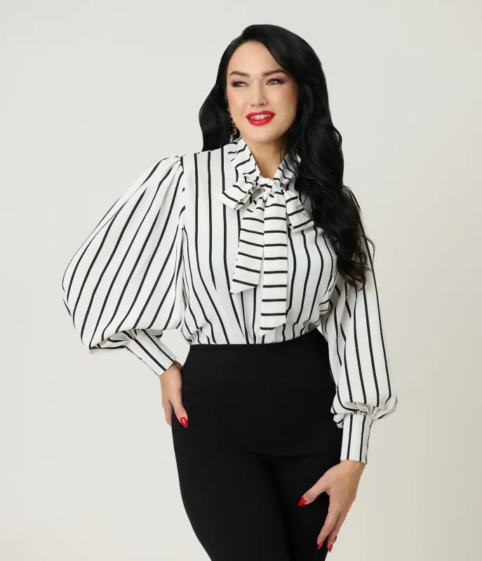 Unique Vintage 1940s White & Black Stripe Neck Tie Gwen Blouse sold by Unique Vintage