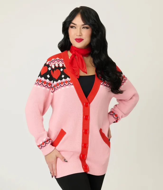 Unique Vintage Pink Valentine Fair Isle Button Cardigan sold by Unique Vintage