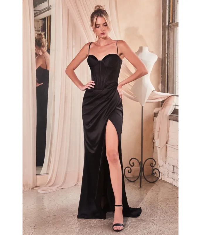Cinderella Divine  Black Satin Corset Slit Evening Gown sold by Unique Vintage