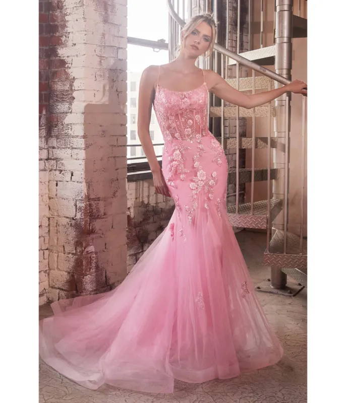 Ladivine by Cinderella Divine Pink Floral & Beaded Corset Mermaid Gown sold by Unique Vintage