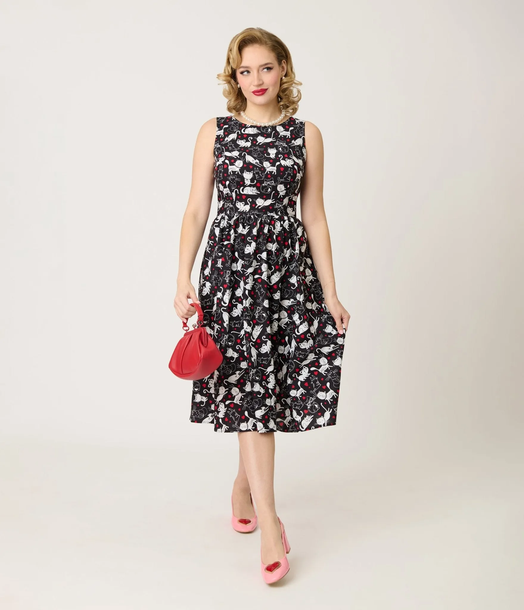 Retrolicious Black & White Cats Cotton Midi Dress sold by Unique Vintage product image thumbnail 3