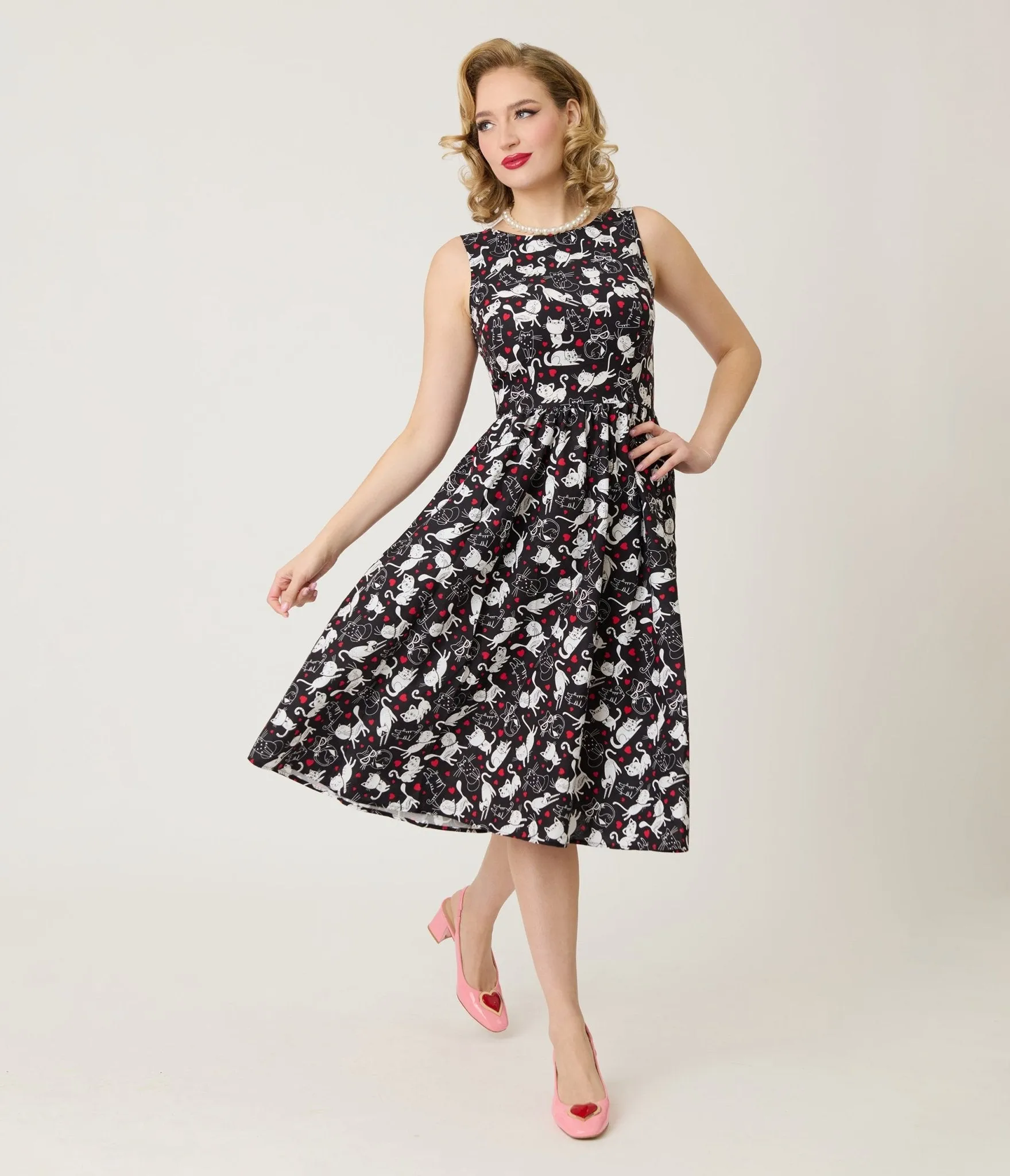 Retrolicious Black & White Cats Cotton Midi Dress sold by Unique Vintage product image thumbnail 4