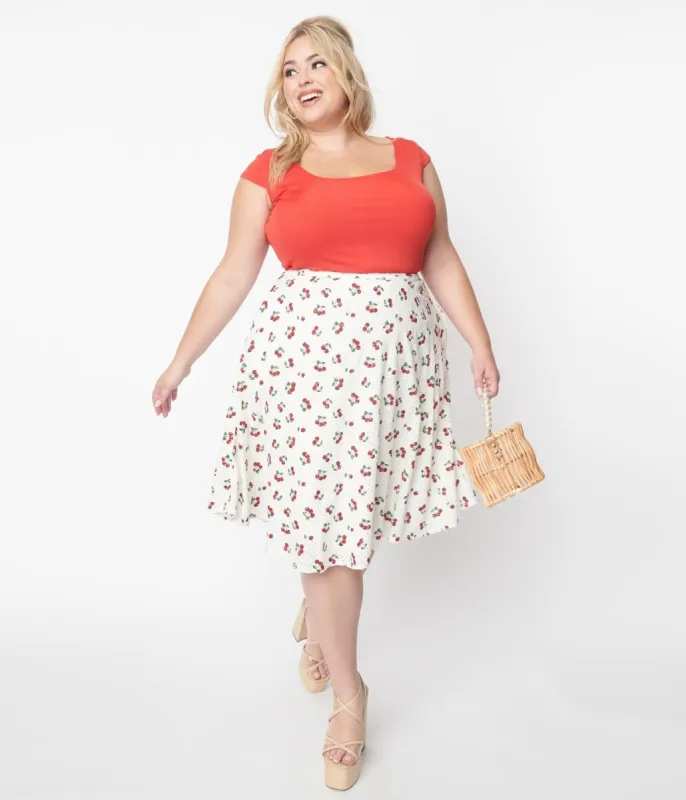 Collectif White & Red Cherry Mattie Broderie Swing Skirt sold by Unique Vintage