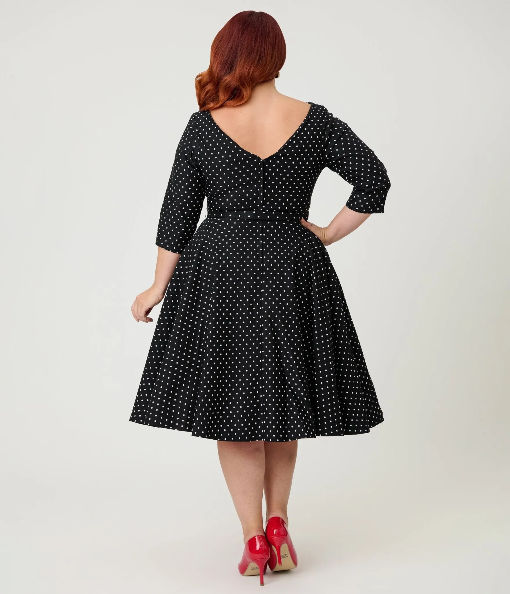 Unique Vintage Plus Size Black Pindot Stretch Sleeved Devon Swing Dress sold by Unique Vintage product image thumbnail 2