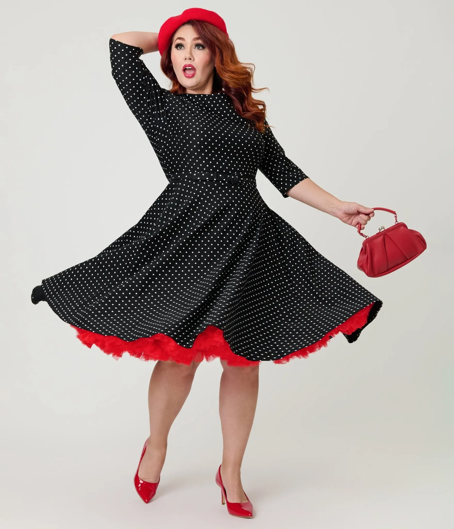 Unique Vintage Plus Size Black Pindot Stretch Sleeved Devon Swing Dress sold by Unique Vintage product image thumbnail 3