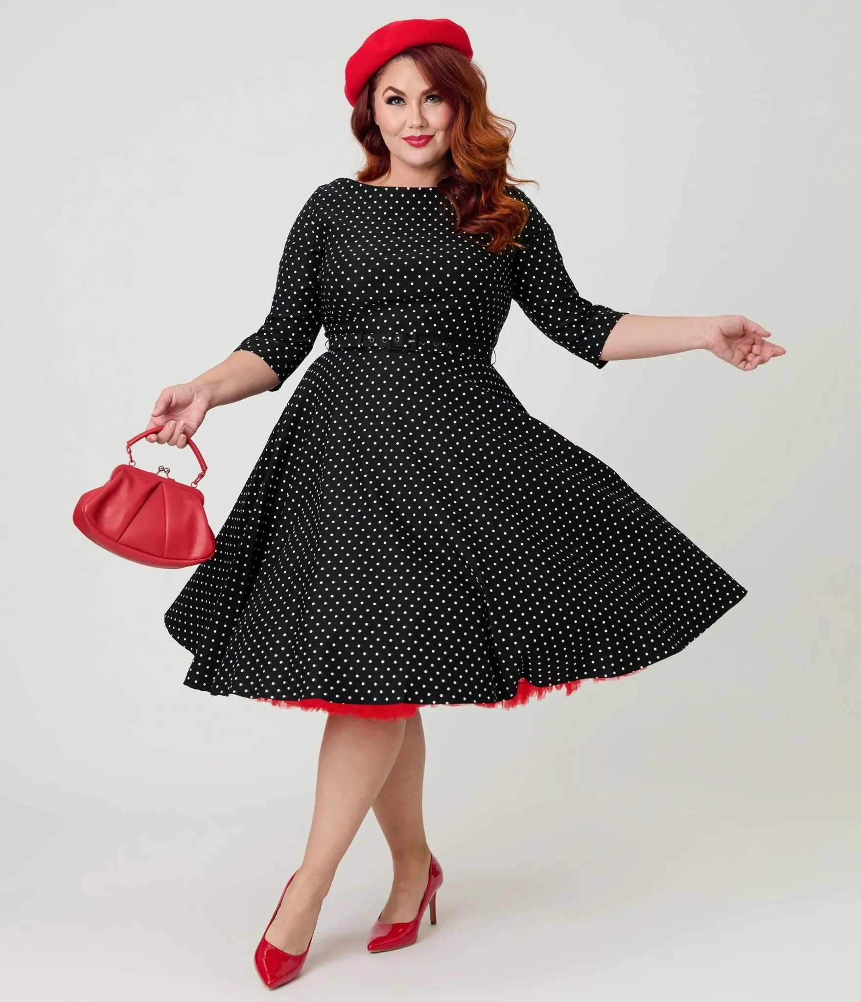 Unique Vintage Plus Size Black Pindot Stretch Sleeved Devon Swing Dress sold by Unique Vintage