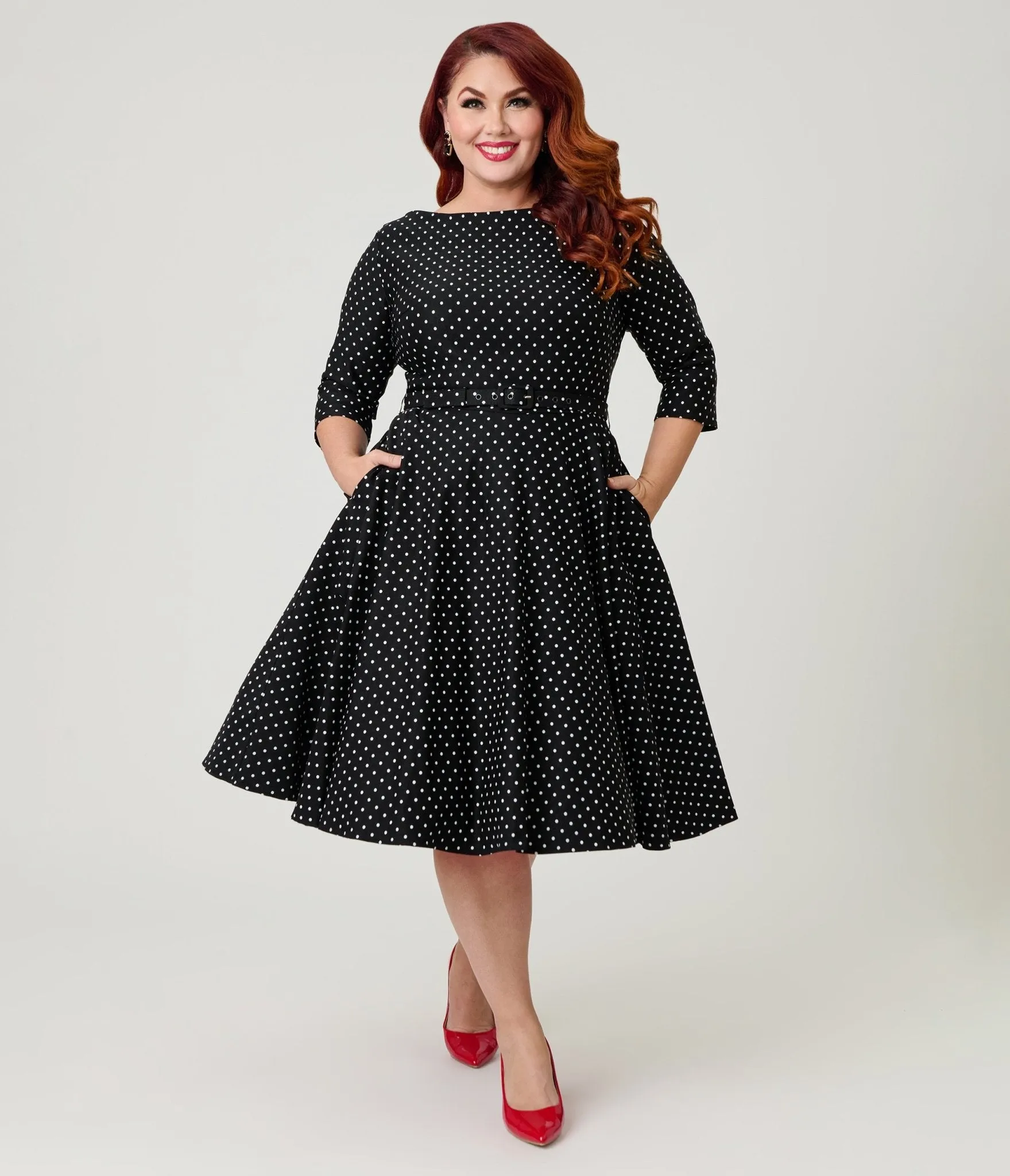 Unique Vintage Plus Size Black Pindot Stretch Sleeved Devon Swing Dress sold by Unique Vintage product image thumbnail 4