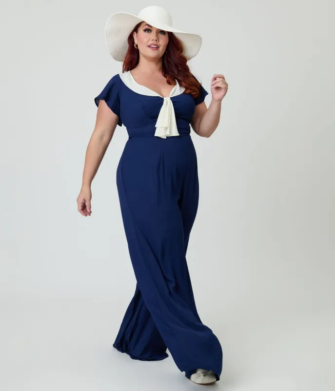 Unique Vintage Plus Size Navy Blue Wide Leg Jumpsuit sold by Unique Vintage