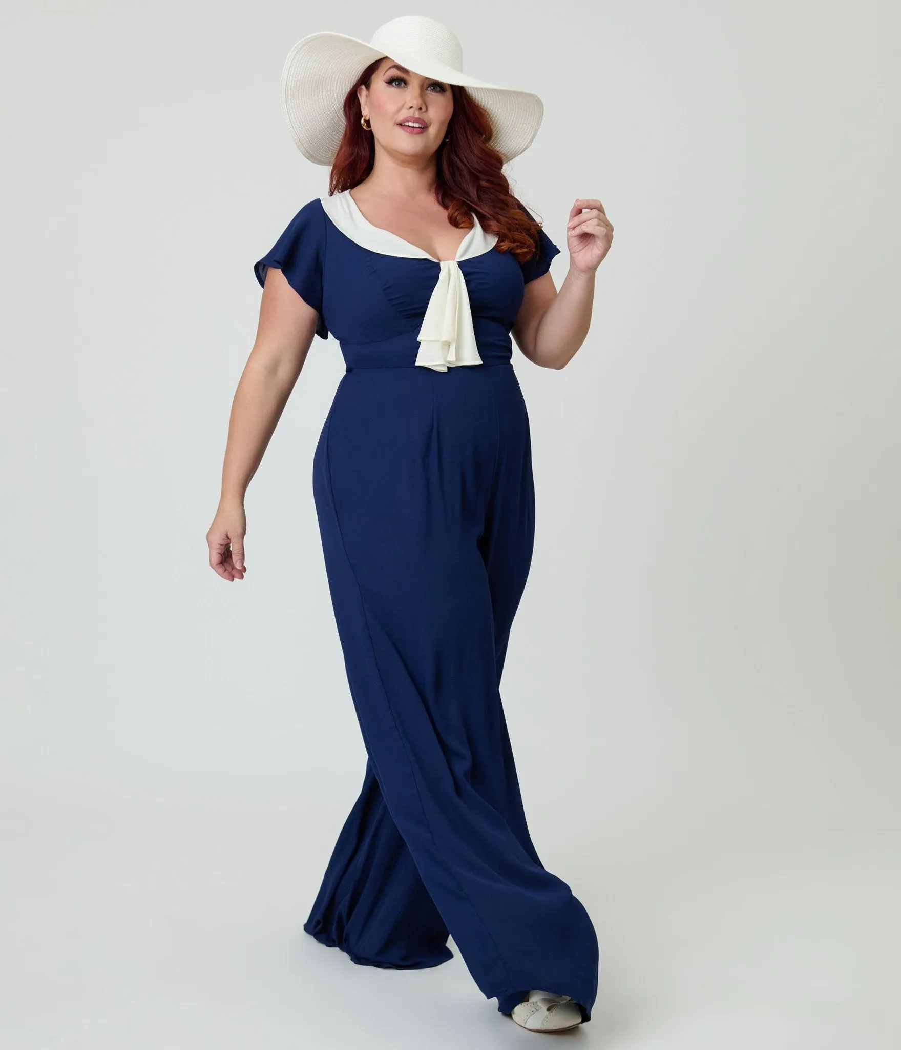Unique Vintage Plus Size Navy Blue Wide Leg Jumpsuit sold by Unique Vintage