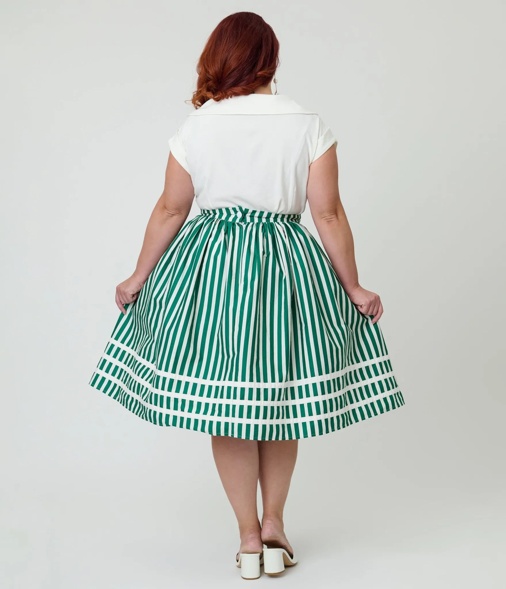 Unique Vintage Plus Size Green & White Stripe Heart Pocket Swing Skirt sold by Unique Vintage product image thumbnail 3