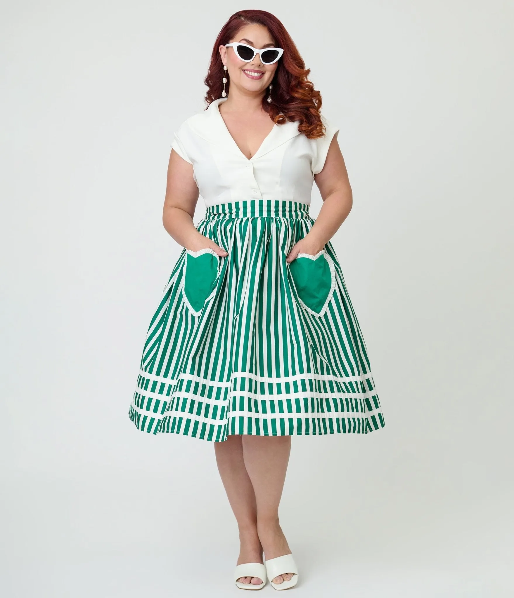 Unique Vintage Plus Size Green & White Stripe Heart Pocket Swing Skirt sold by Unique Vintage