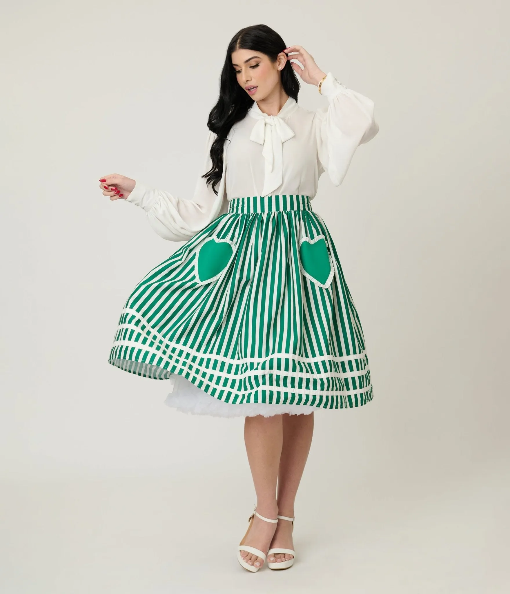 Unique Vintage Green & White Stripe Heart Pocket Swing Skirt sold by Unique Vintage