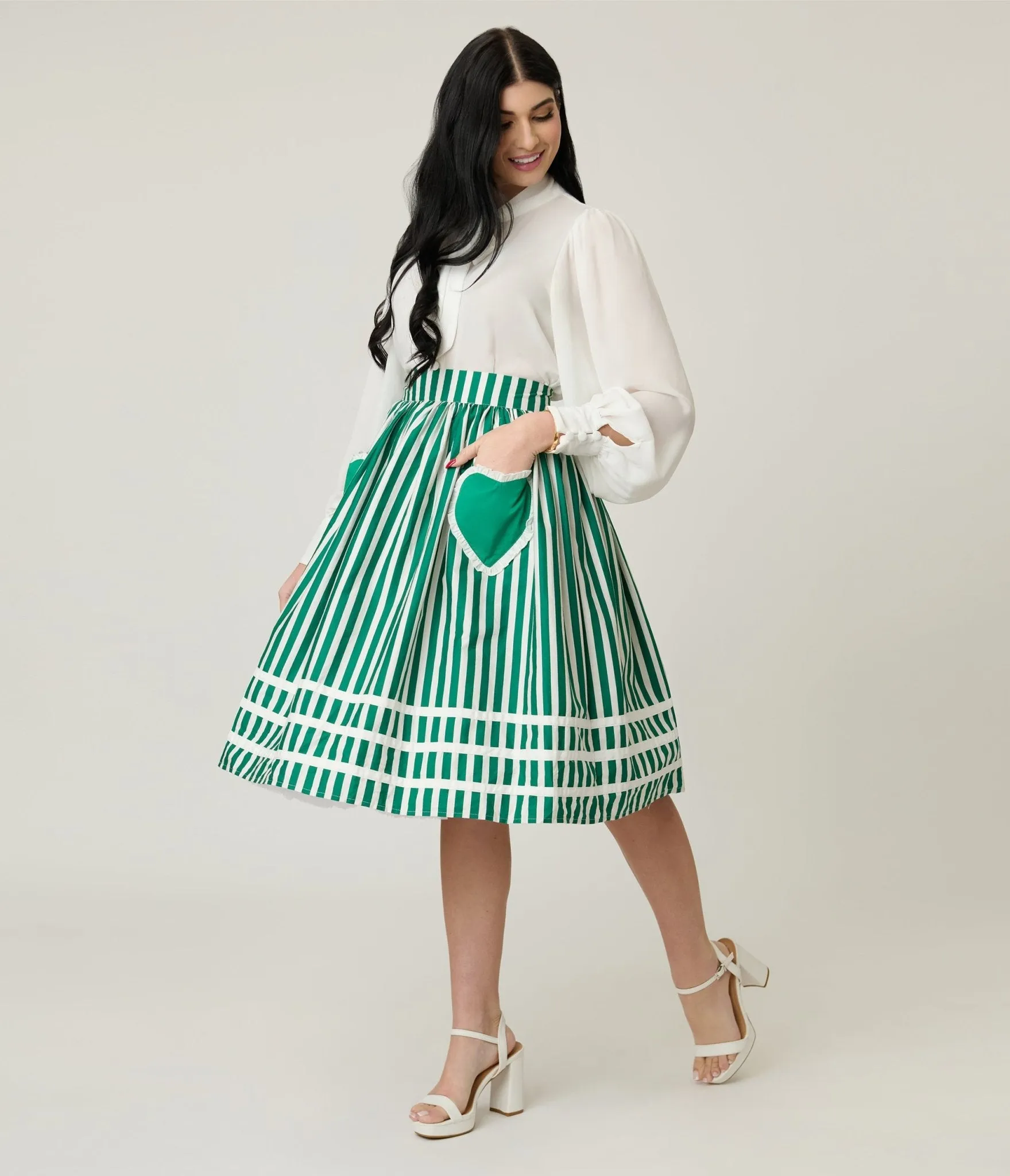 Unique Vintage Green & White Stripe Heart Pocket Swing Skirt sold by Unique Vintage product image thumbnail 4