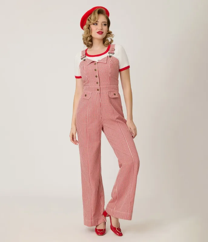 Smak Parlour Red & White Striped Wide Leg Dungarees sold by Unique Vintage