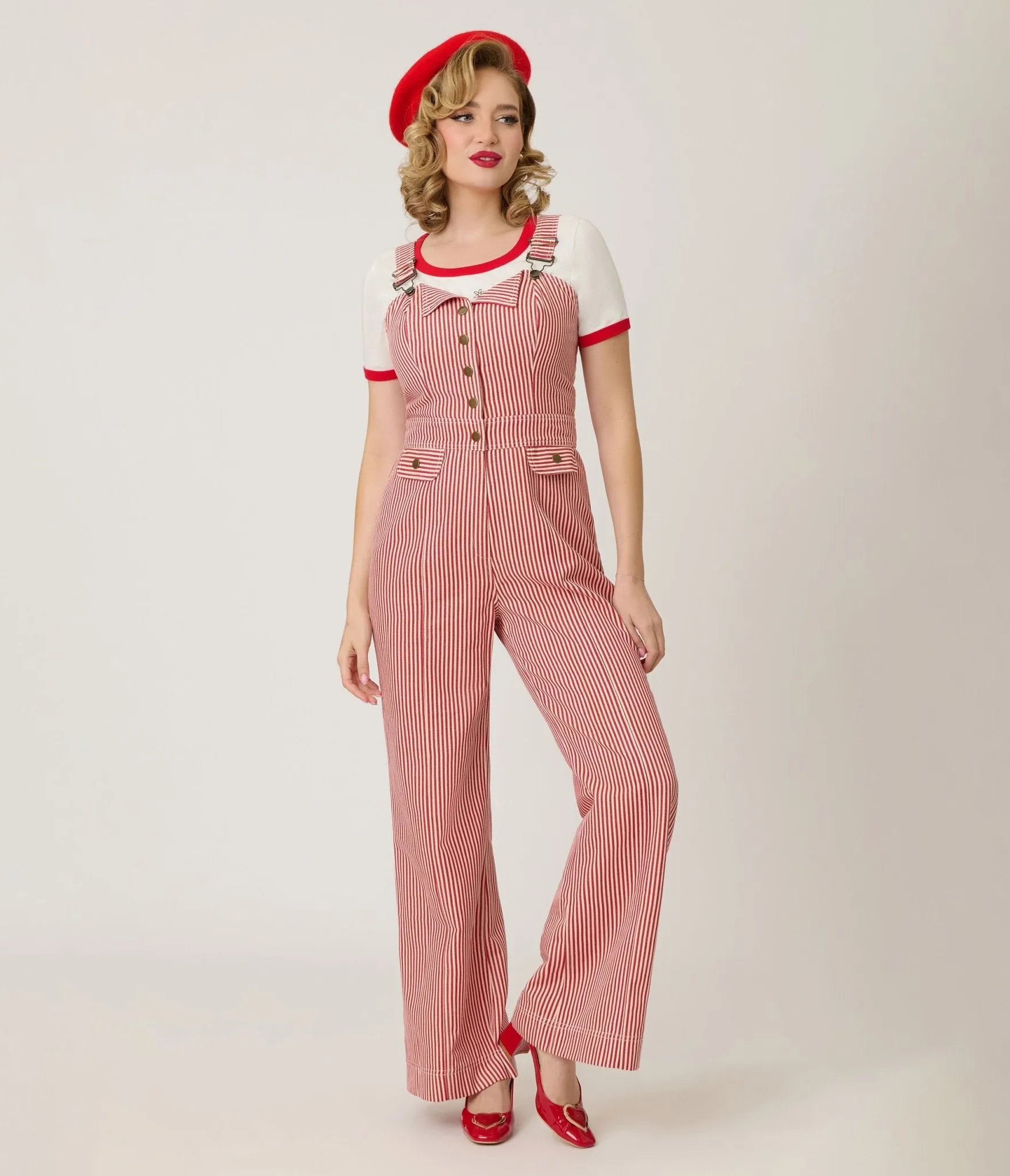 Smak Parlour Red & White Striped Wide Leg Dungarees sold by Unique Vintage