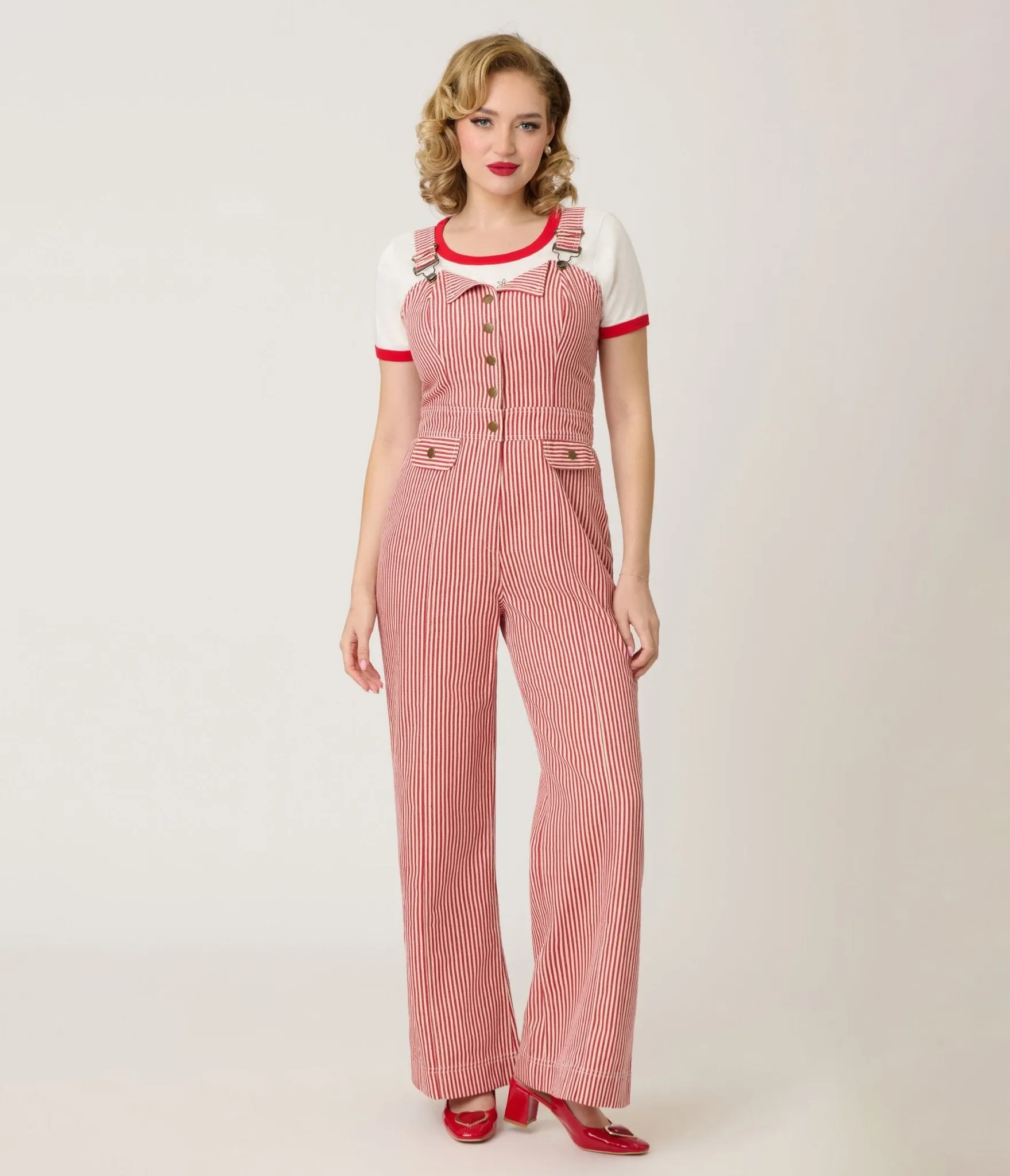 Smak Parlour Red & White Striped Wide Leg Dungarees sold by Unique Vintage product image thumbnail 4