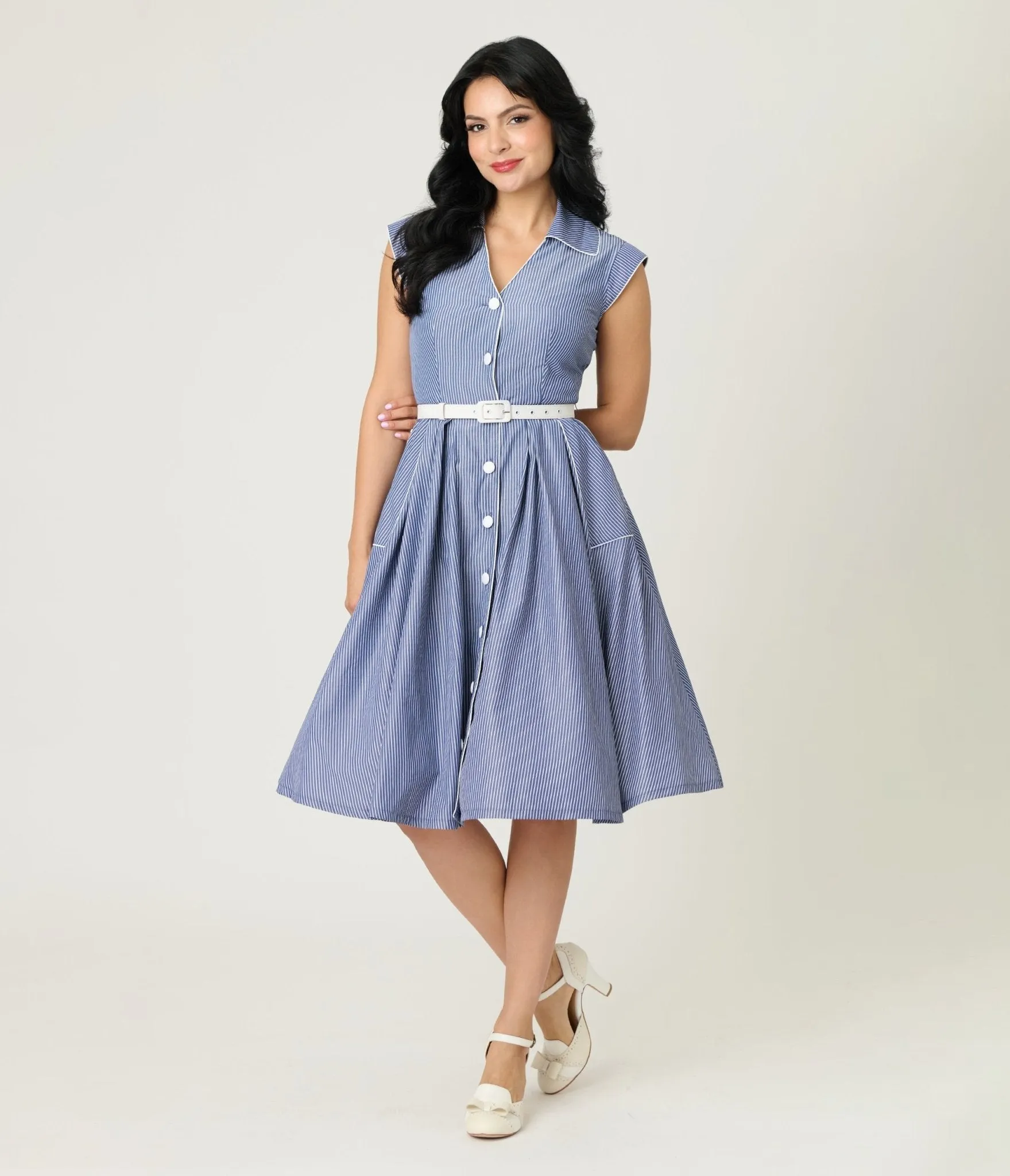 Unique Vintage Navy & White Stripe Shirt Swing Dress sold by Unique Vintage product image thumbnail 4