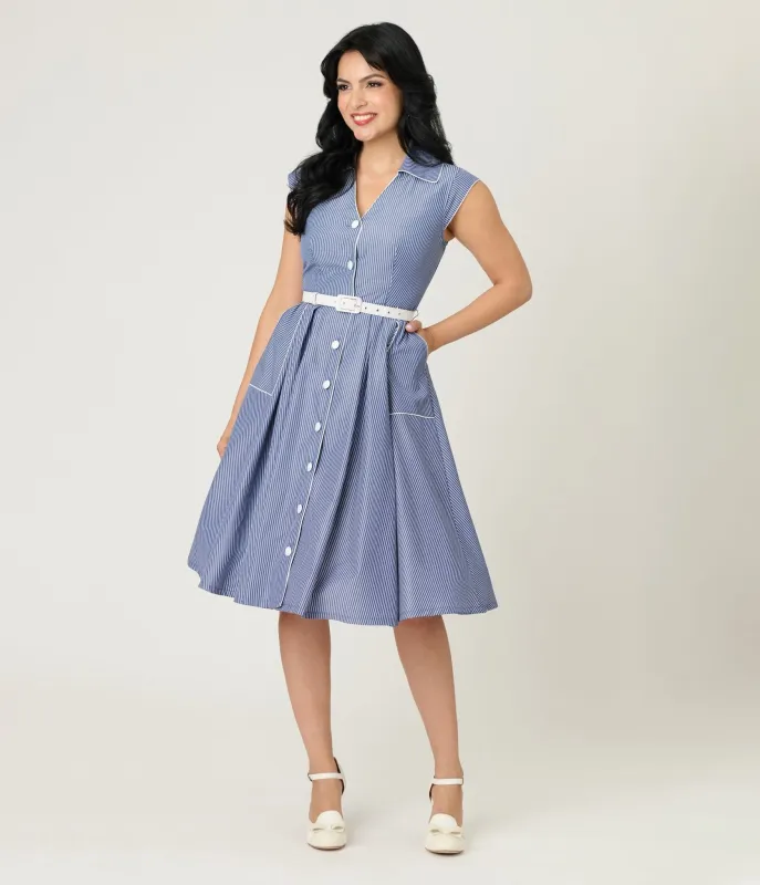 Unique Vintage Navy & White Stripe Shirt Swing Dress sold by Unique Vintage