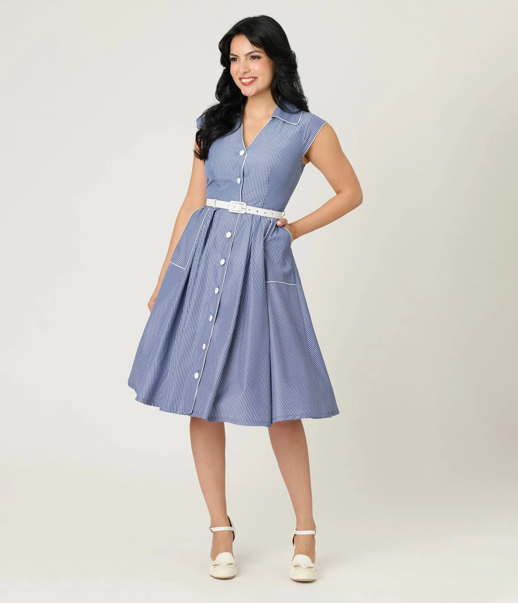 Unique Vintage Navy & White Stripe Shirt Swing Dress sold by Unique Vintage