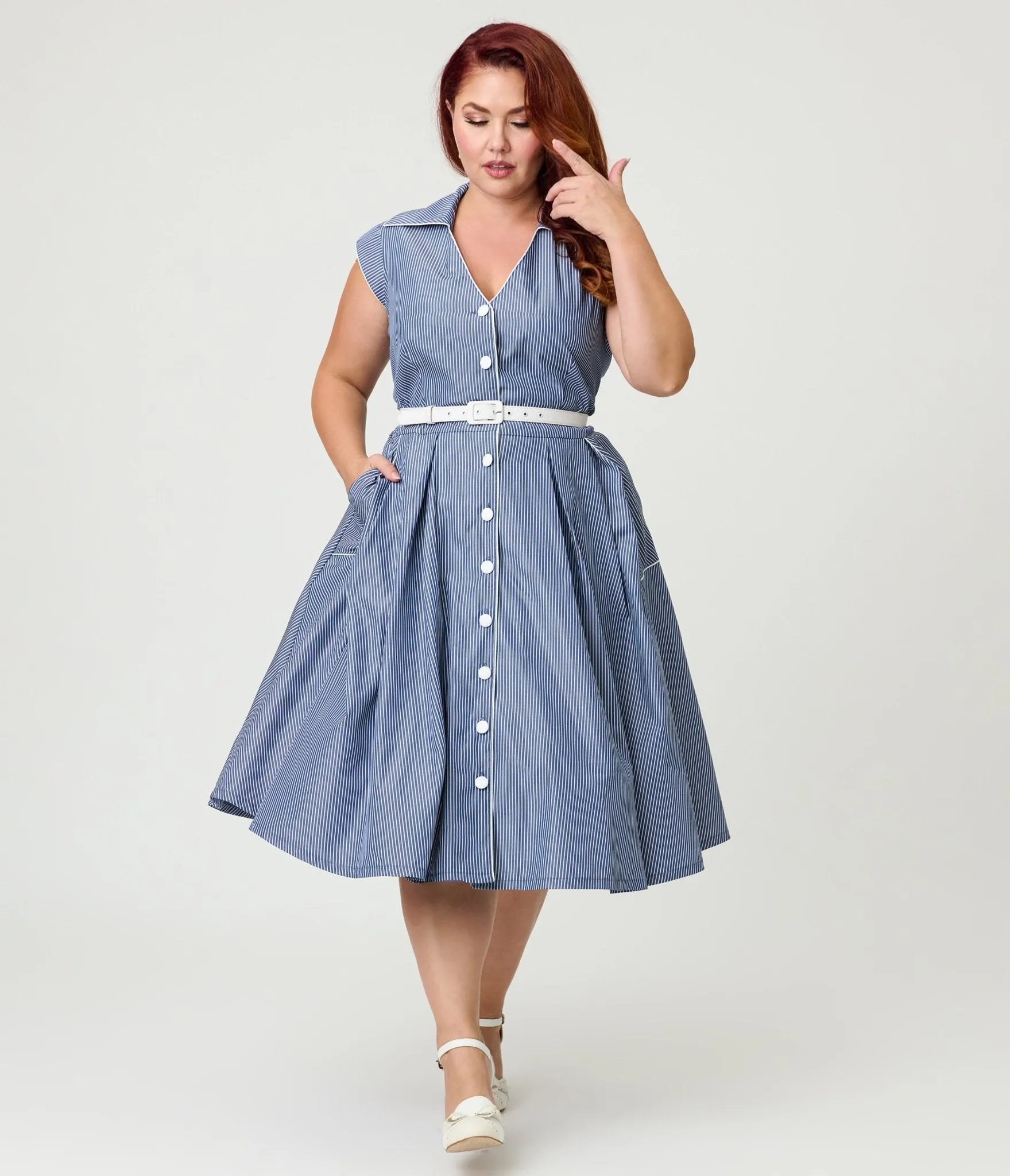 Unique Vintage Plus Size Navy & White Stripe Shirt Swing Dress sold by Unique Vintage product image thumbnail 3