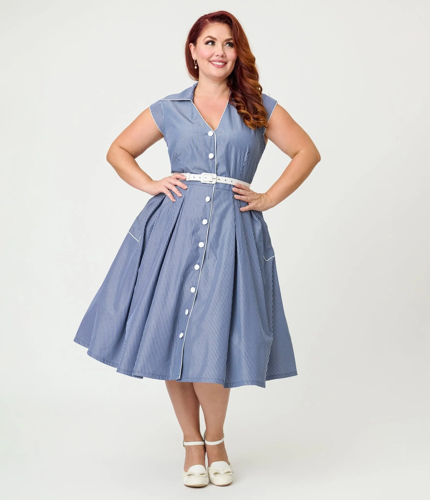 Unique Vintage Plus Size Navy & White Stripe Shirt Swing Dress sold by Unique Vintage