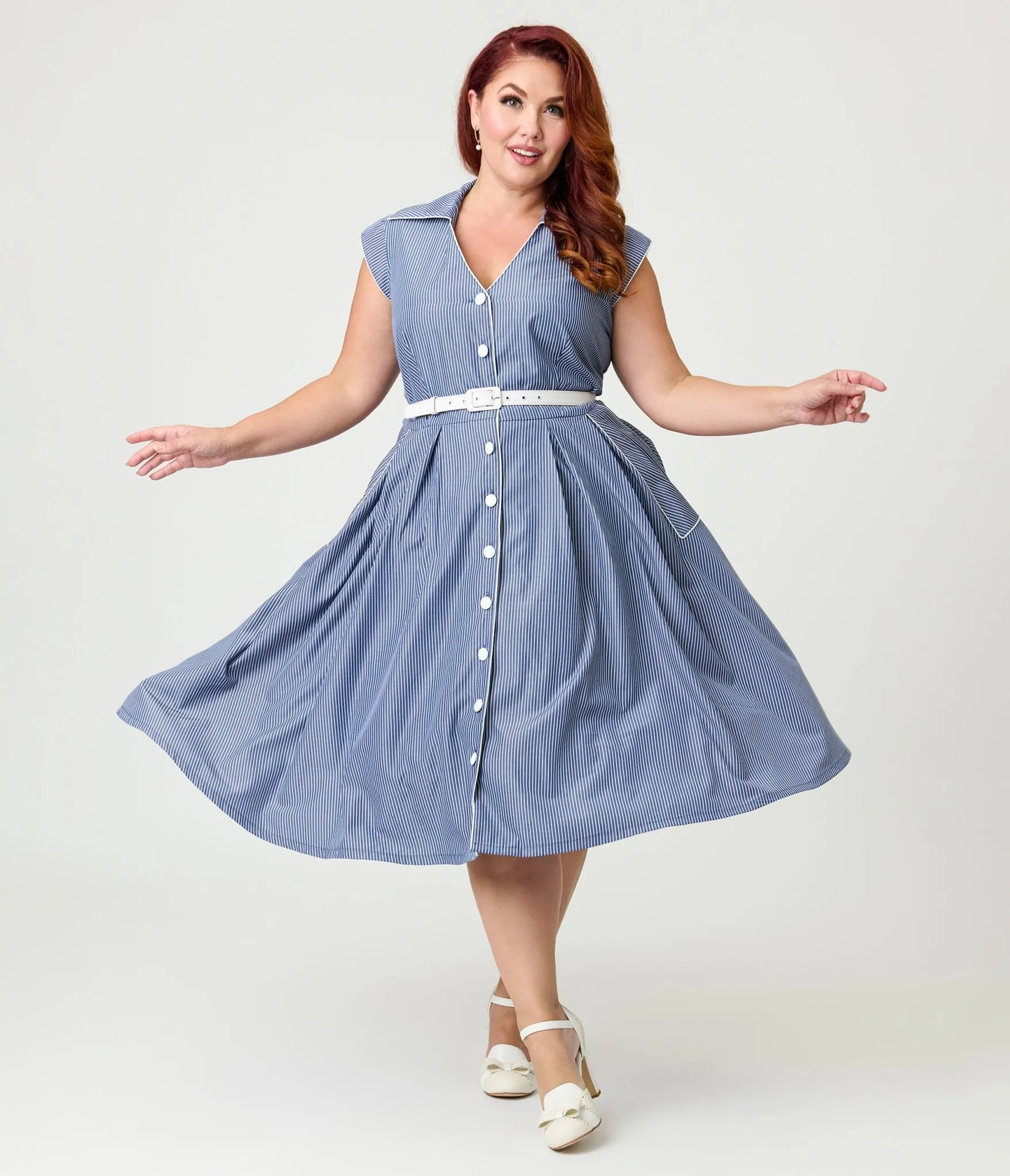 Unique Vintage Plus Size Navy & White Stripe Shirt Swing Dress sold by Unique Vintage product image thumbnail 4