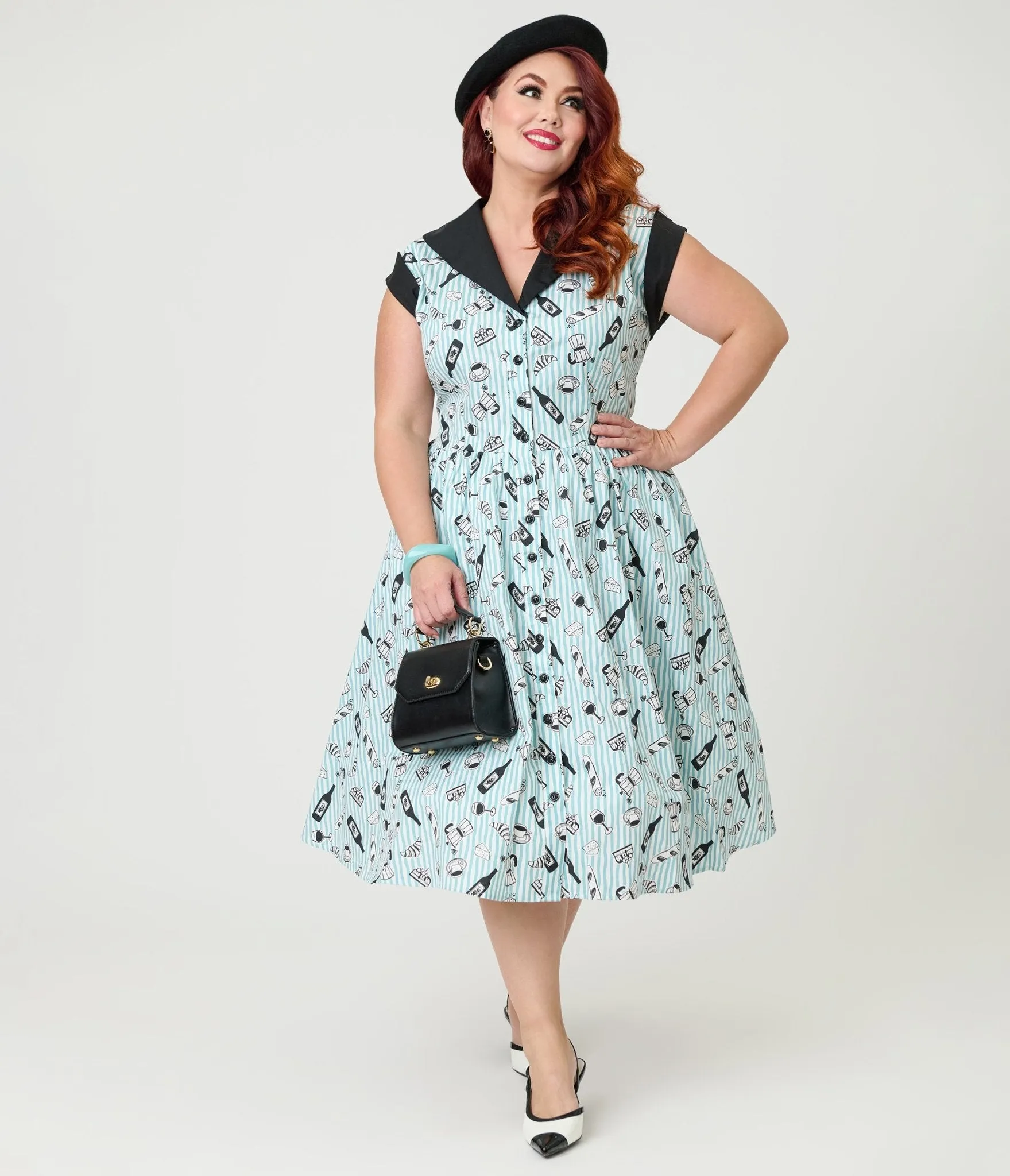 Unique Vintage Plus Size Blue Stripe & Paris Cafe Print Swing Dress sold by Unique Vintage