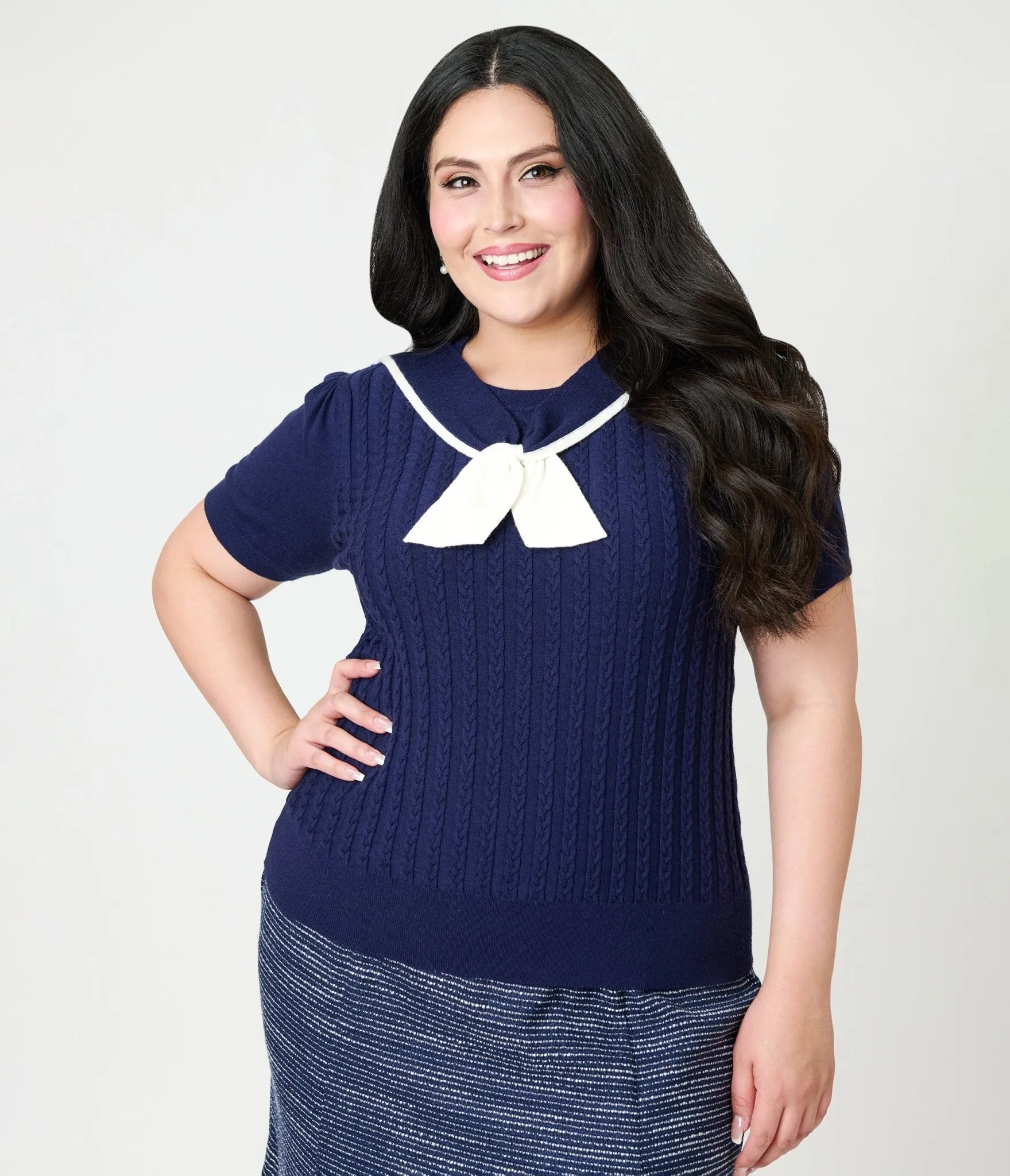 Unique Vintage Plus Size Navy & White Cable Knit Neck Tie Park City Sweater sold by Unique Vintage product image thumbnail 5