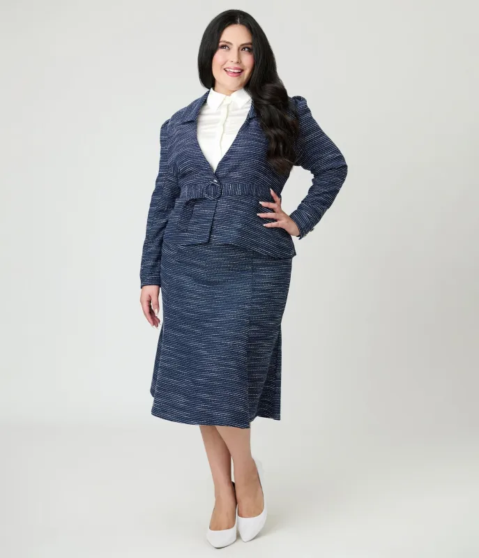 Unique Vintage Plus Size 1940s Navy & White Tweed Tina Trumpet Skirt sold by Unique Vintage
