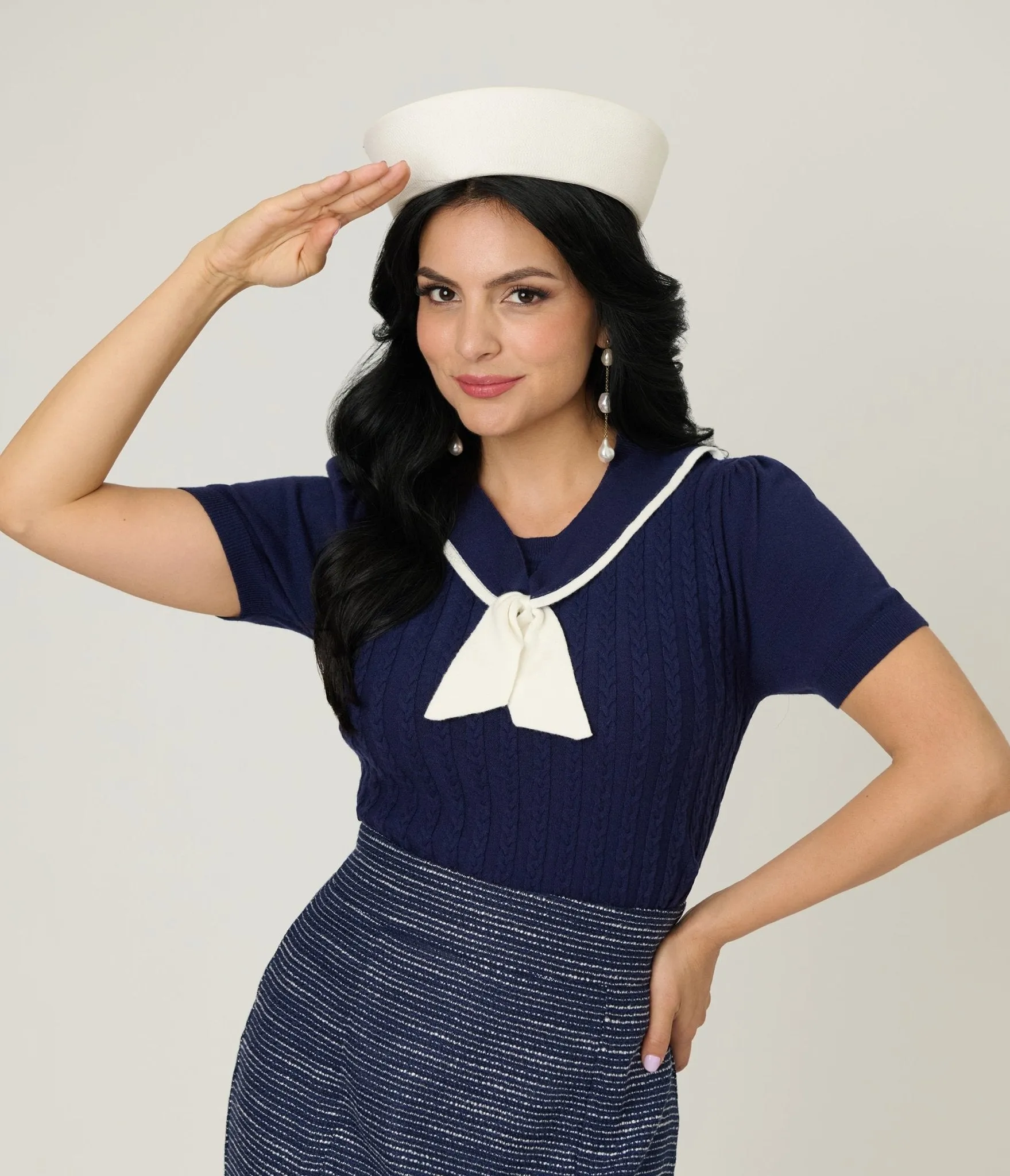 Unique Vintage Navy & White Cable Knit Neck Tie Park City Sweater sold by Unique Vintage