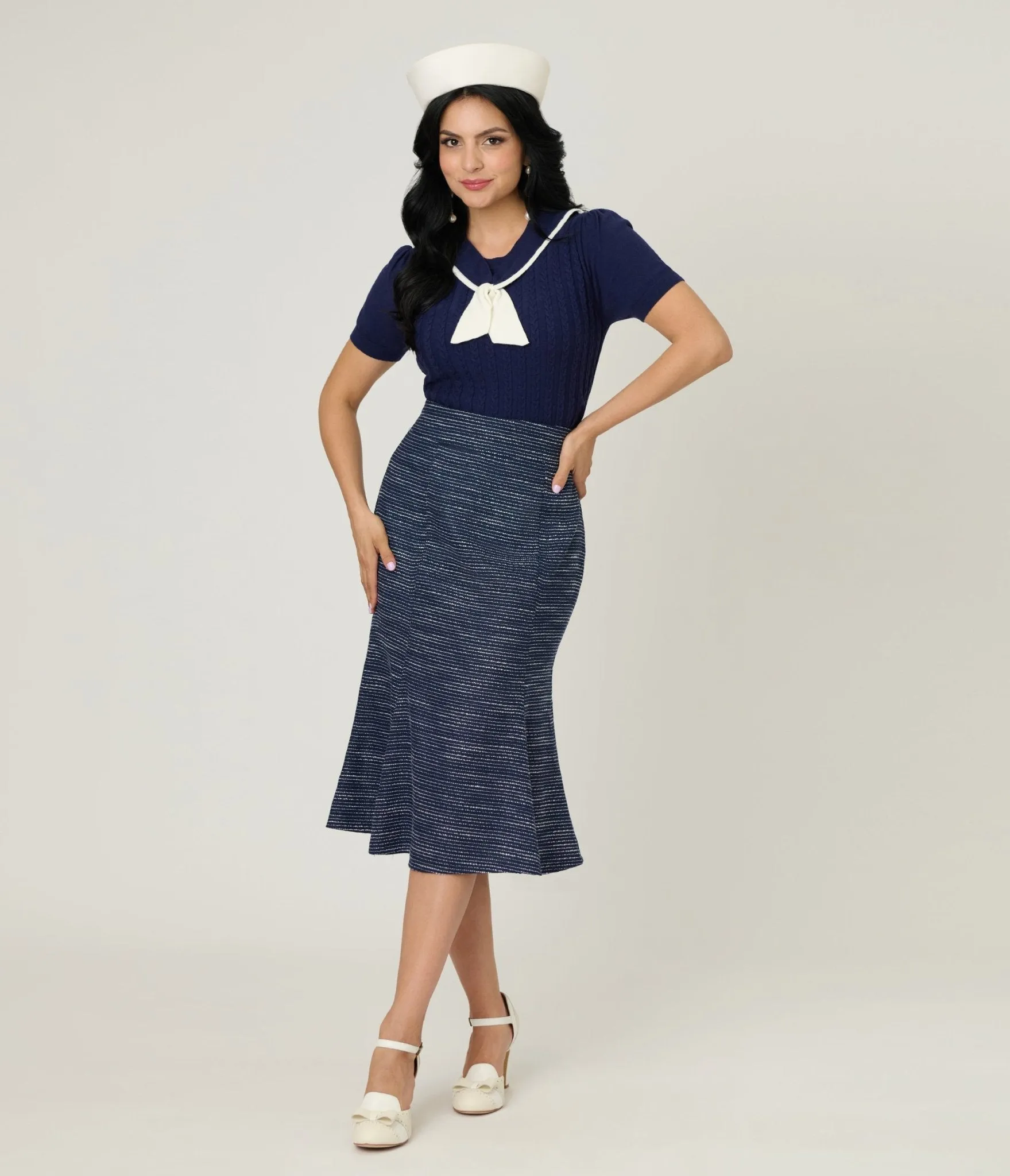 Unique Vintage Navy & White Cable Knit Neck Tie Park City Sweater sold by Unique Vintage product image thumbnail 4