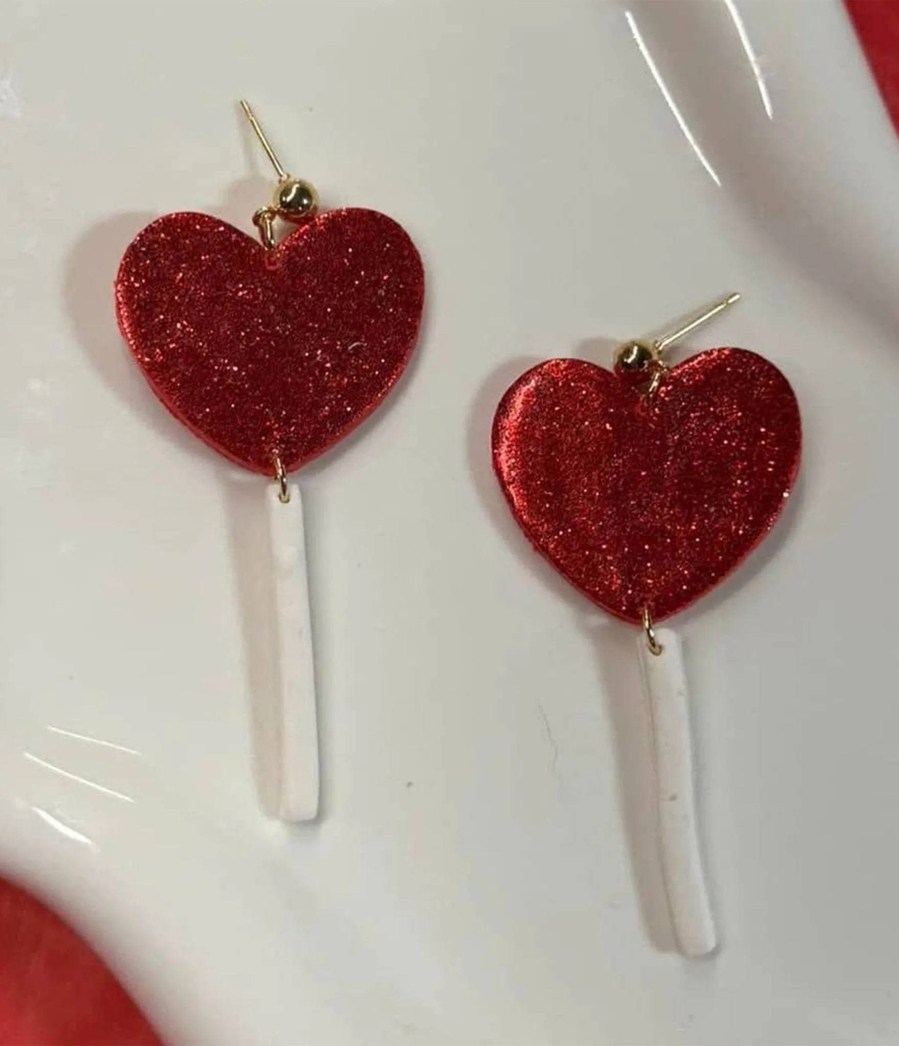Red Glitter Heart Lollipops Earrings sold by Unique Vintage