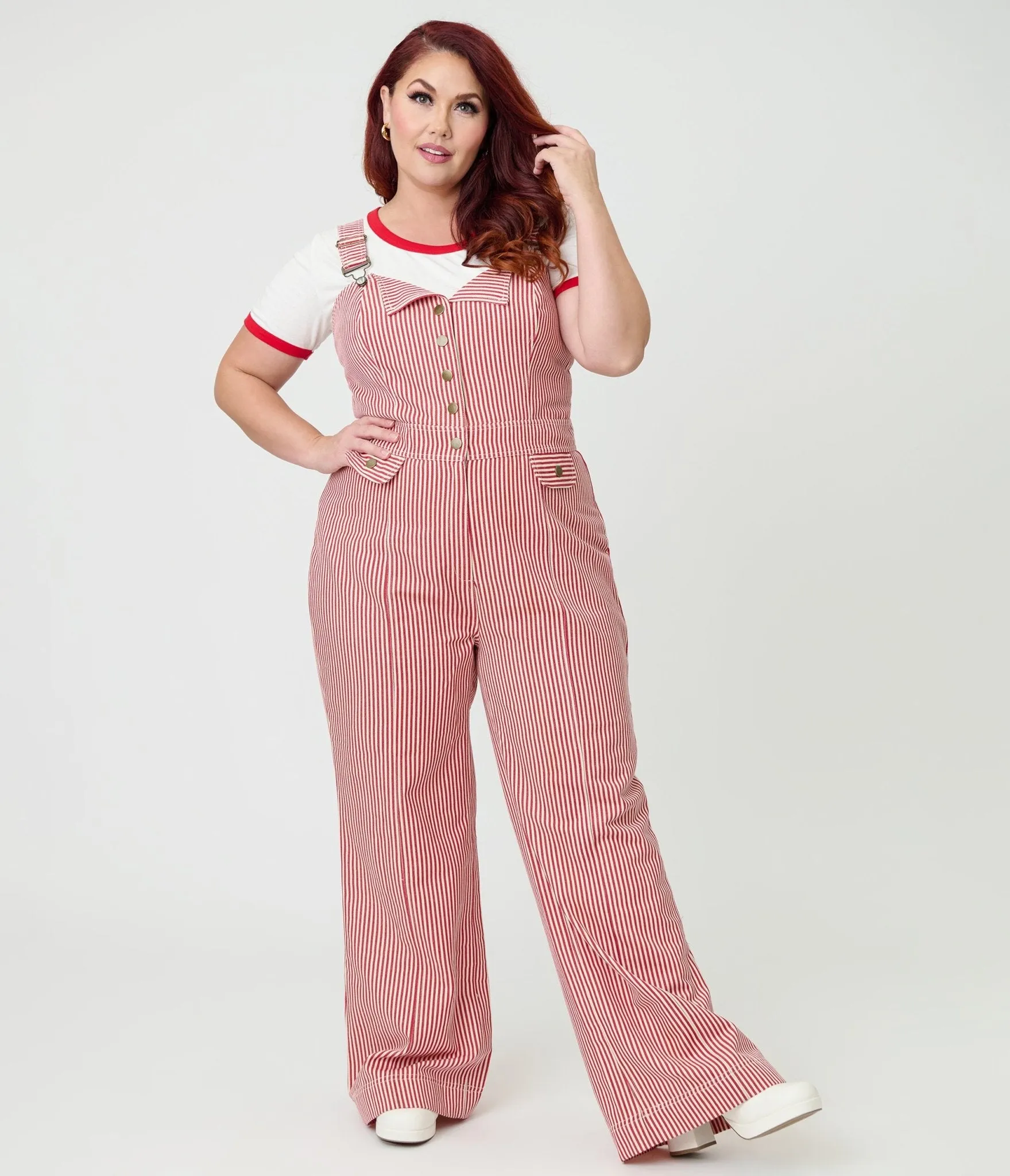 Smak Parlour Plus Size Red & White Striped Wide Leg Dungarees sold by Unique Vintage