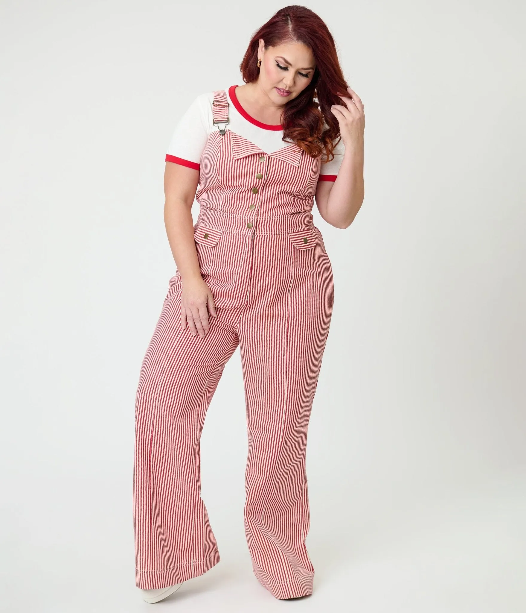 Smak Parlour Plus Size Red & White Striped Wide Leg Dungarees sold by Unique Vintage product image thumbnail 4