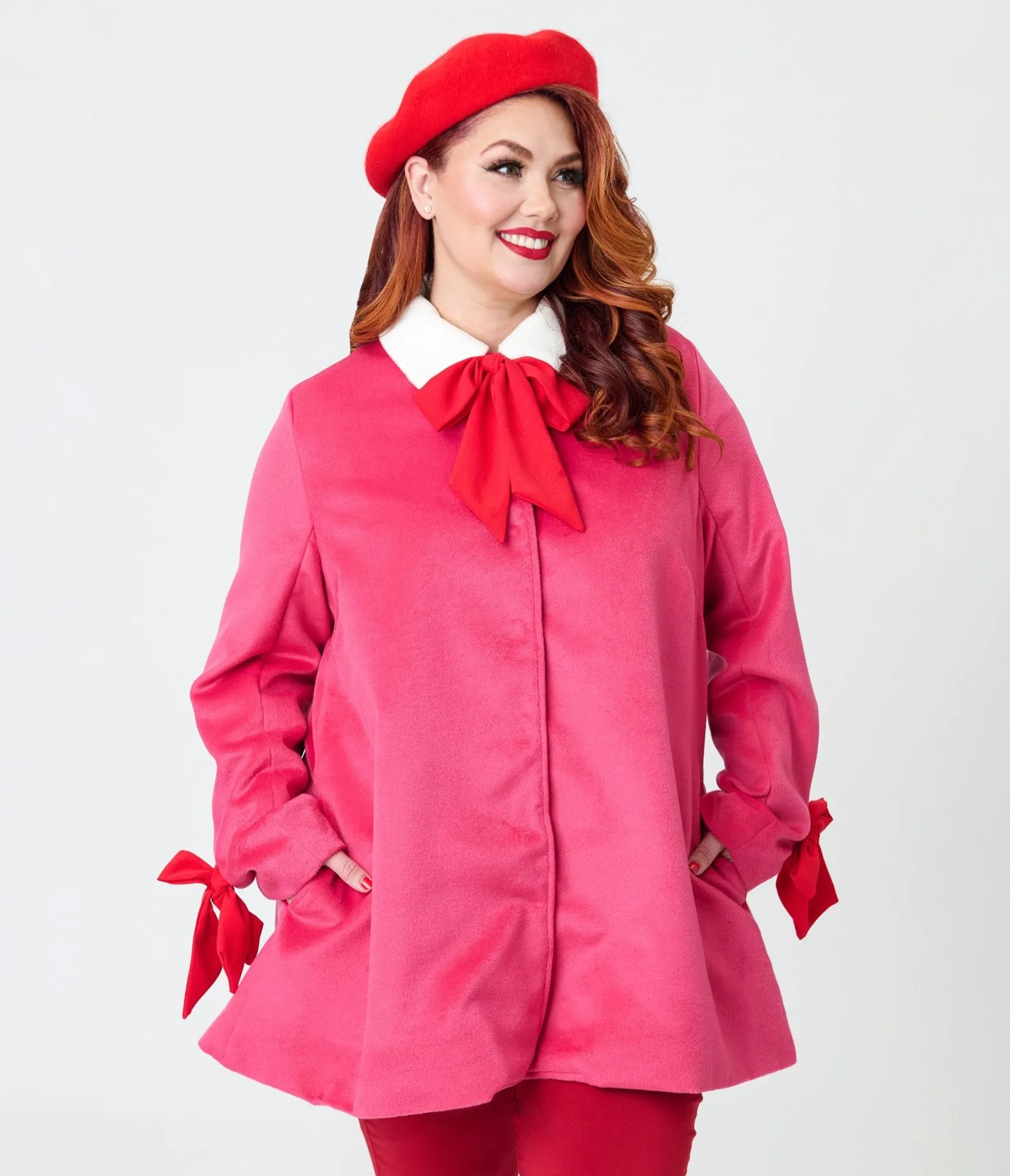 Smak Parlour Plus Size Pink & Red Bows Topper Coat sold by Unique Vintage