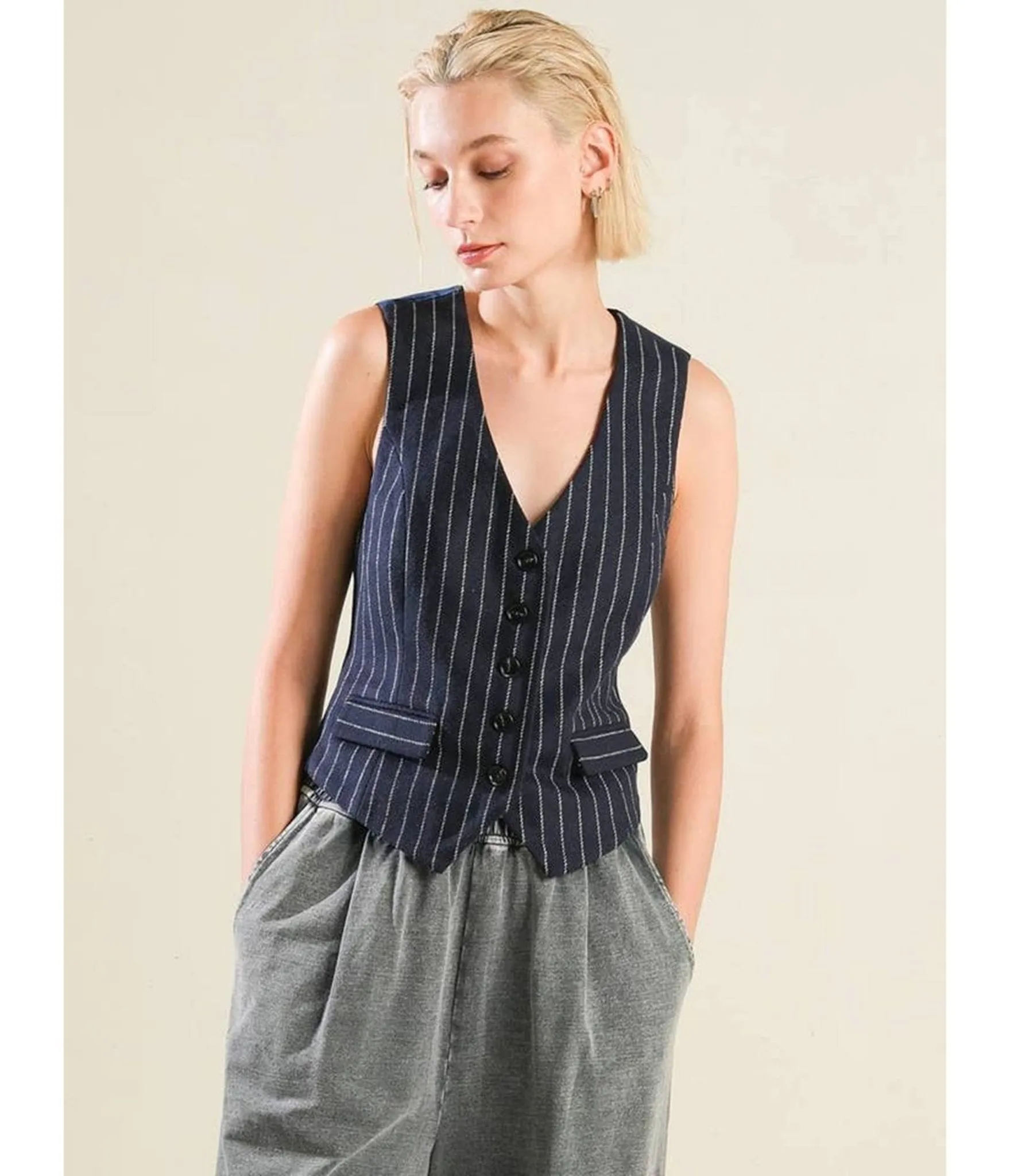 Navy Pin Stripe Vest sold by Unique Vintage