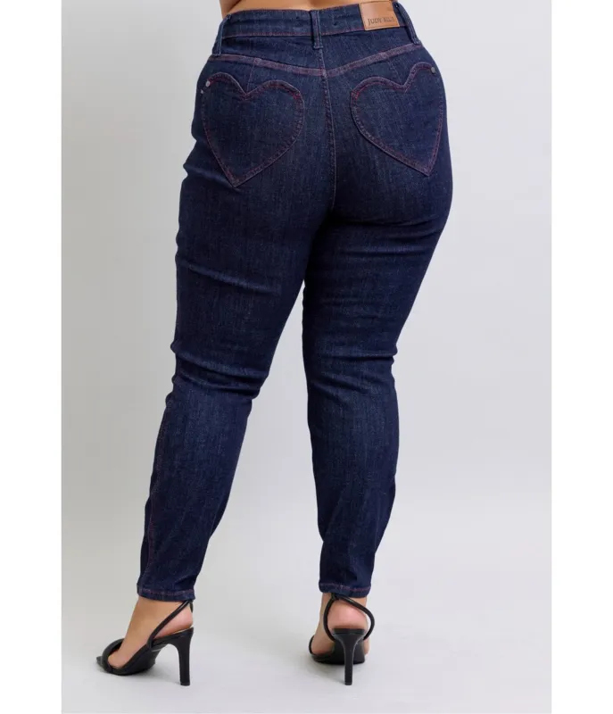 Preorder- Plus Size Dark Blue Denim Heart Pocket Skinny Jeans sold by Unique Vintage
