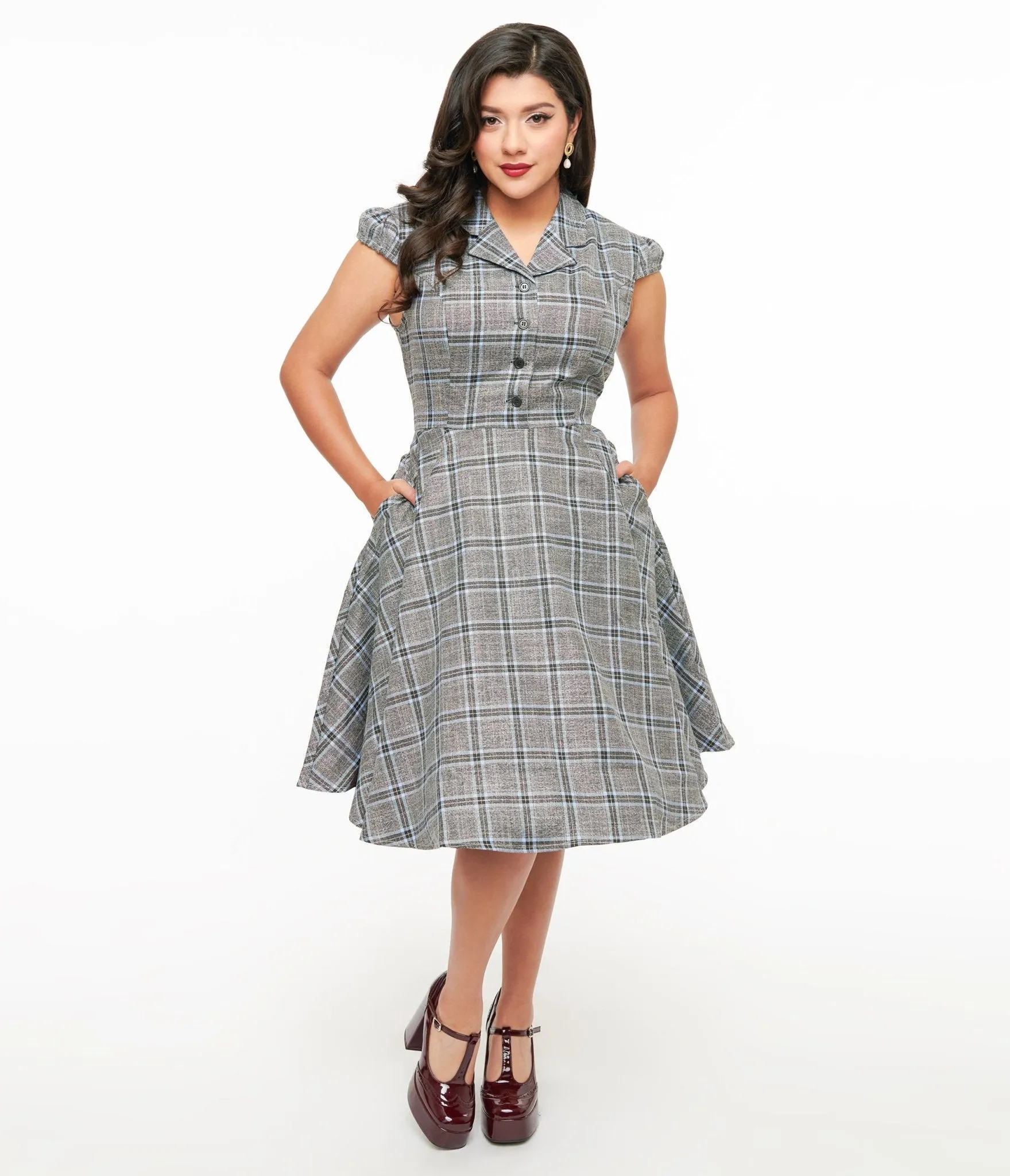 1950s Grey & Blue Plaid Swing Dress sold by Unique Vintage product image thumbnail 3