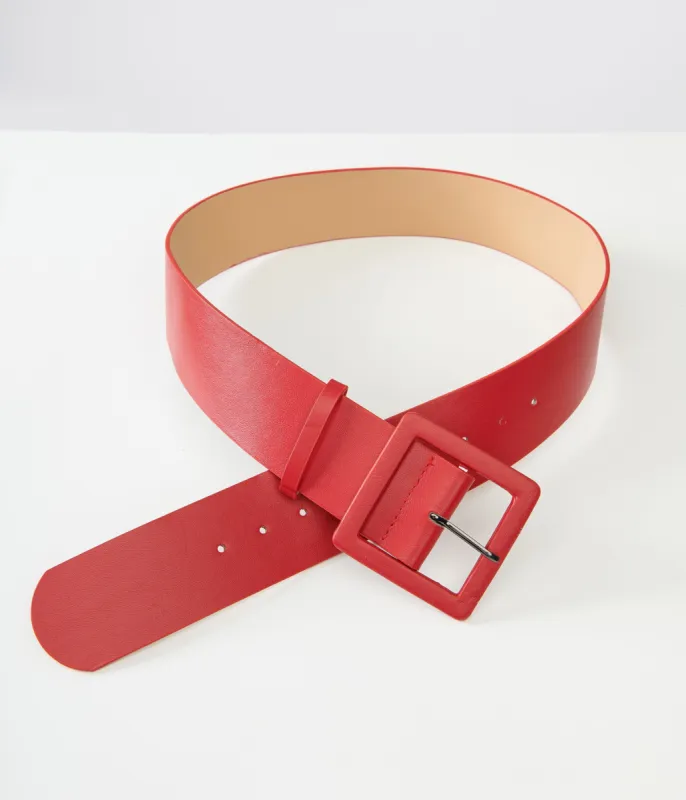 Red Leatherette Wide Square Belt sold by Unique Vintage