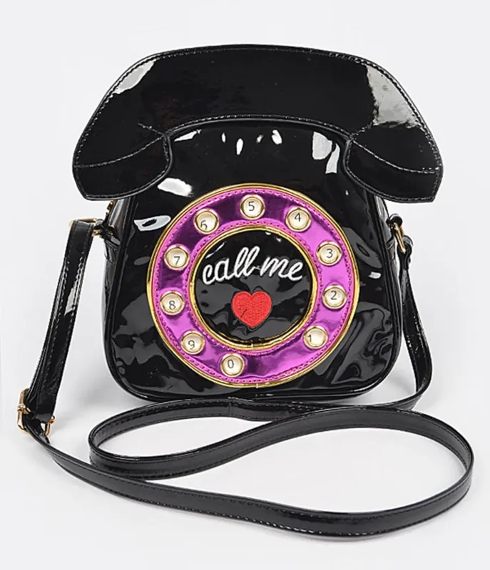 Black Patent Leatherette Call Me Clutch Bag sold by Unique Vintage
