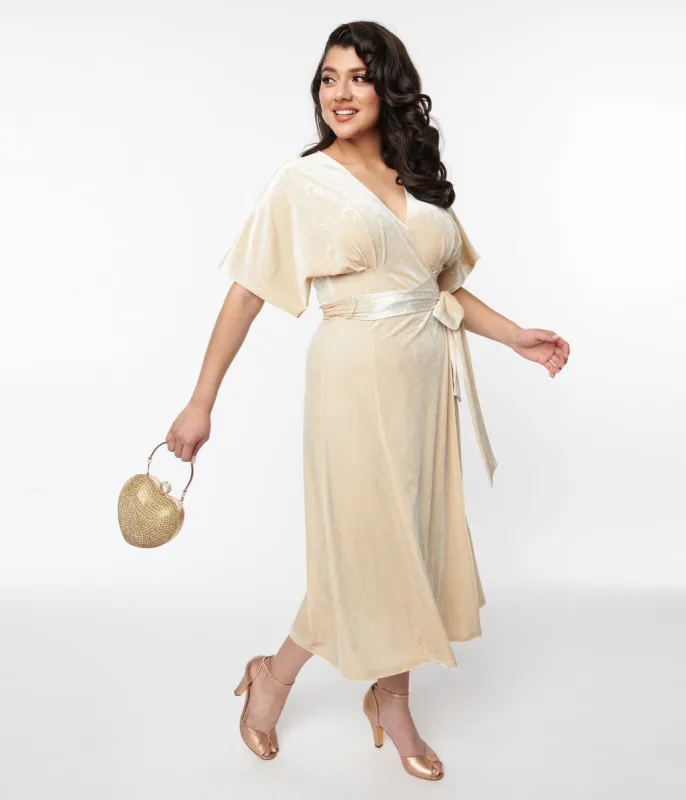 Unique Vintage 1970s Ivory Peacock Velvet Wrap Midi Dress sold by Unique Vintage