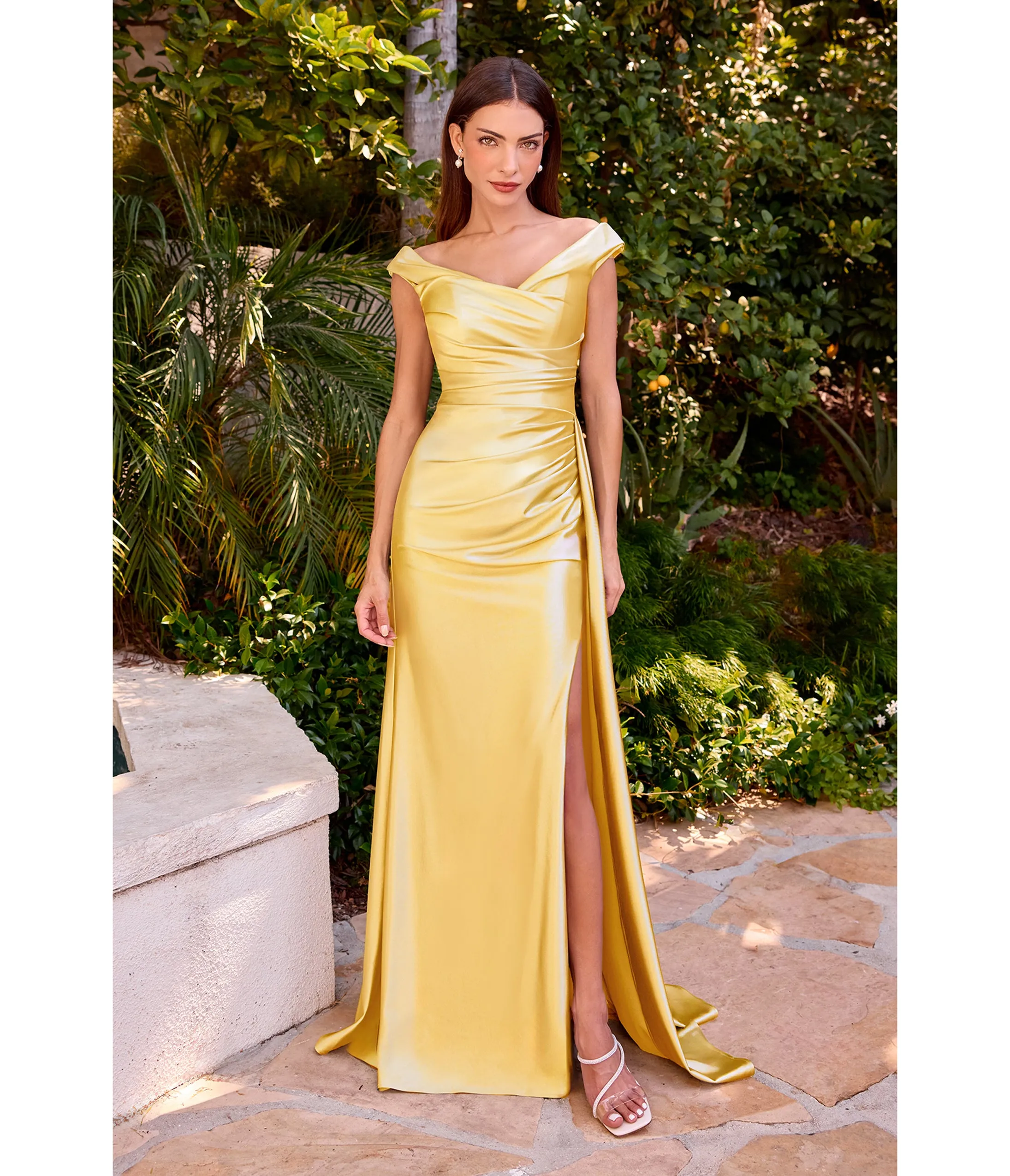 LaDivine by Cinderella Yellow Off-Shoulder Ruched Satin Formal Dress sold by Unique Vintage