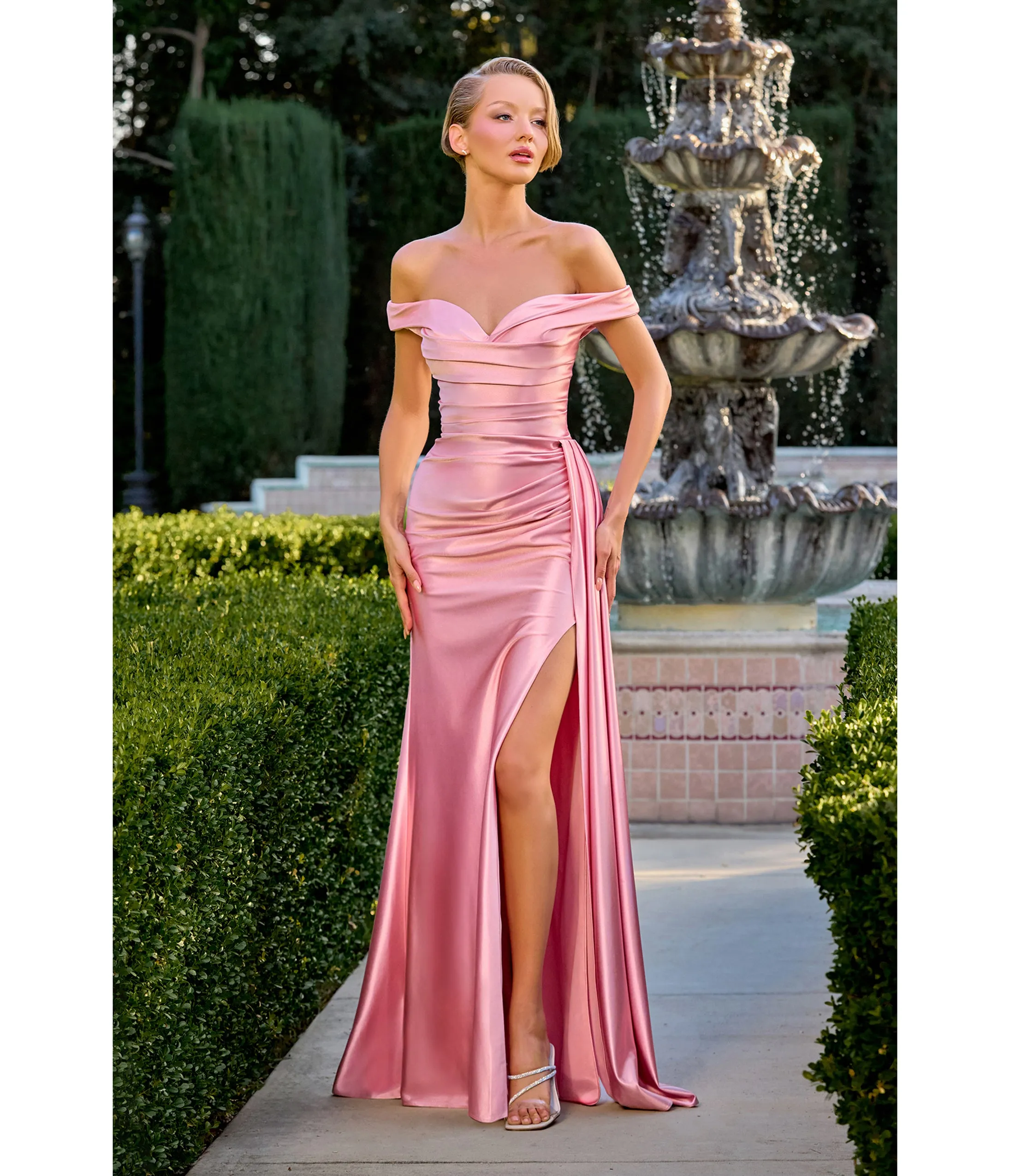 LaDivine by Cinderella Rose Off-Shoulder Ruched Satin Formal Dress sold by Unique Vintage