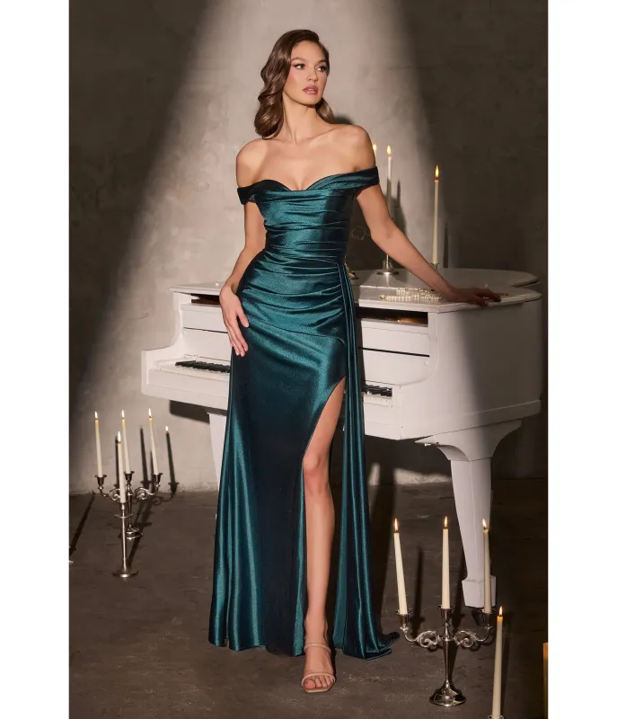 LaDivine by Cinderella Peacock Off-Shoulder Ruched Satin Formal Dress sold by Unique Vintage