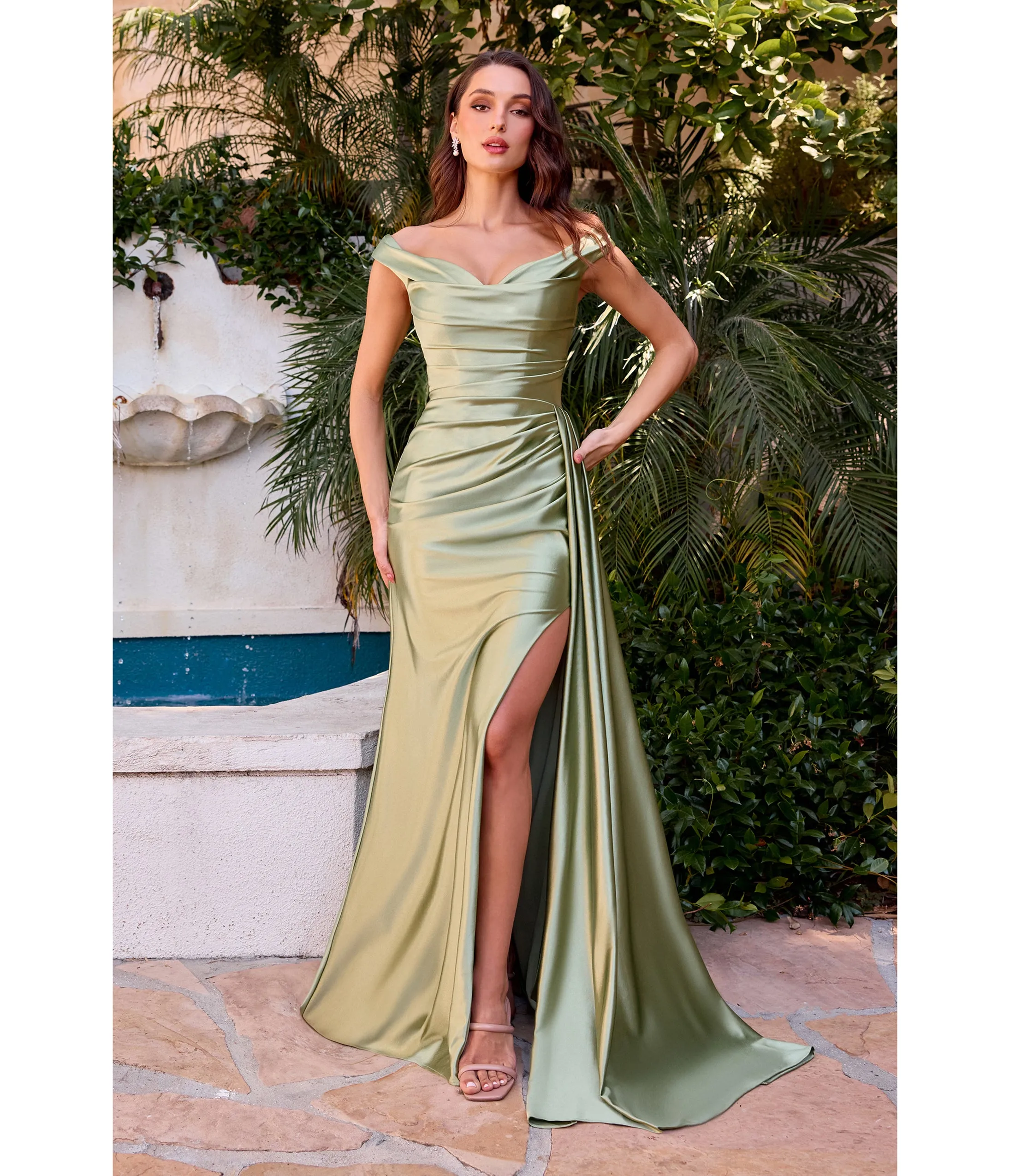 LaDivine by Cinderella Divine Greenery Off-Shoulder Ruched Satin Formal Dress sold by Unique Vintage
