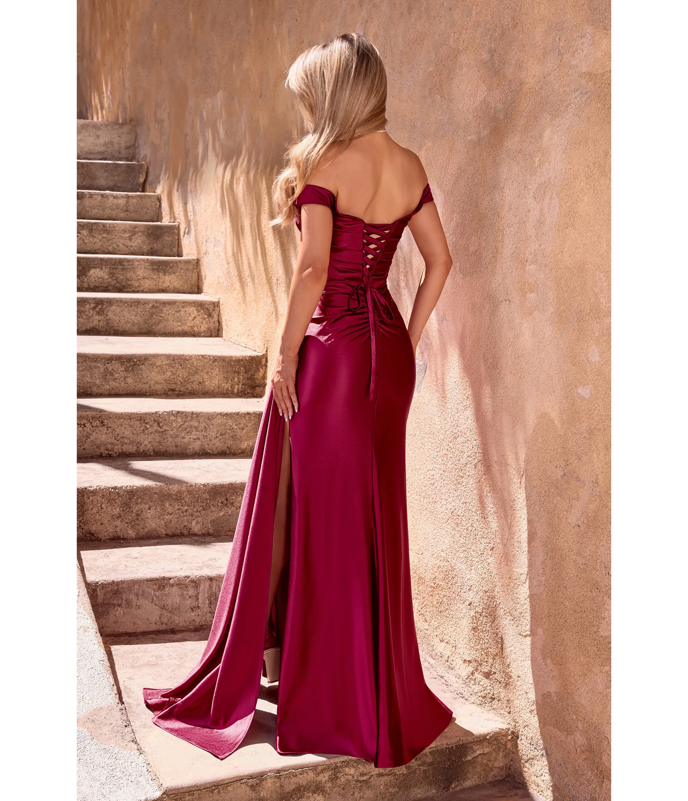 LaDivine by Cinderella Divine Burgundy Off-Shoulder Ruched Satin Formal Dress sold by Unique Vintage product image thumbnail 2