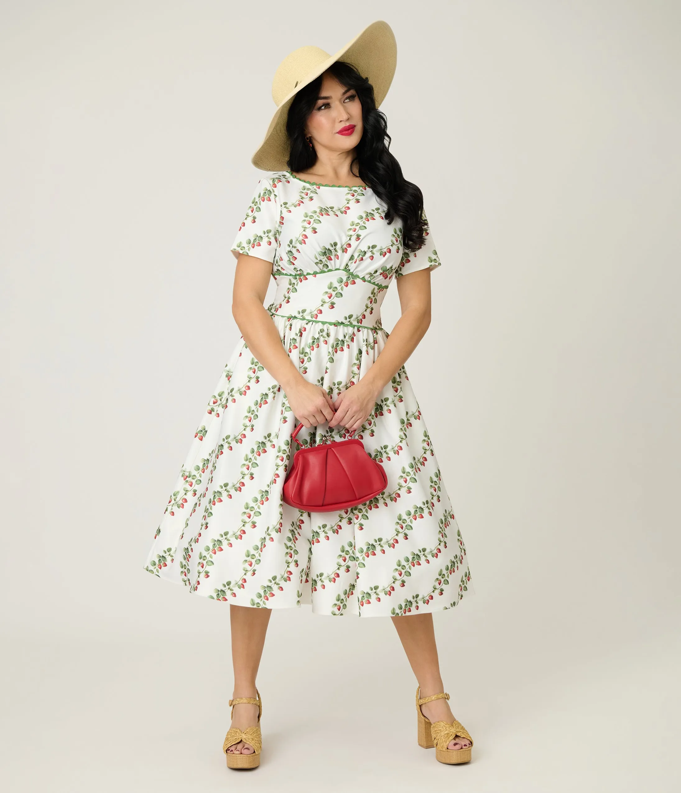 Unique Vintage Strawberry Vine Print Swing Dress sold by Unique Vintage