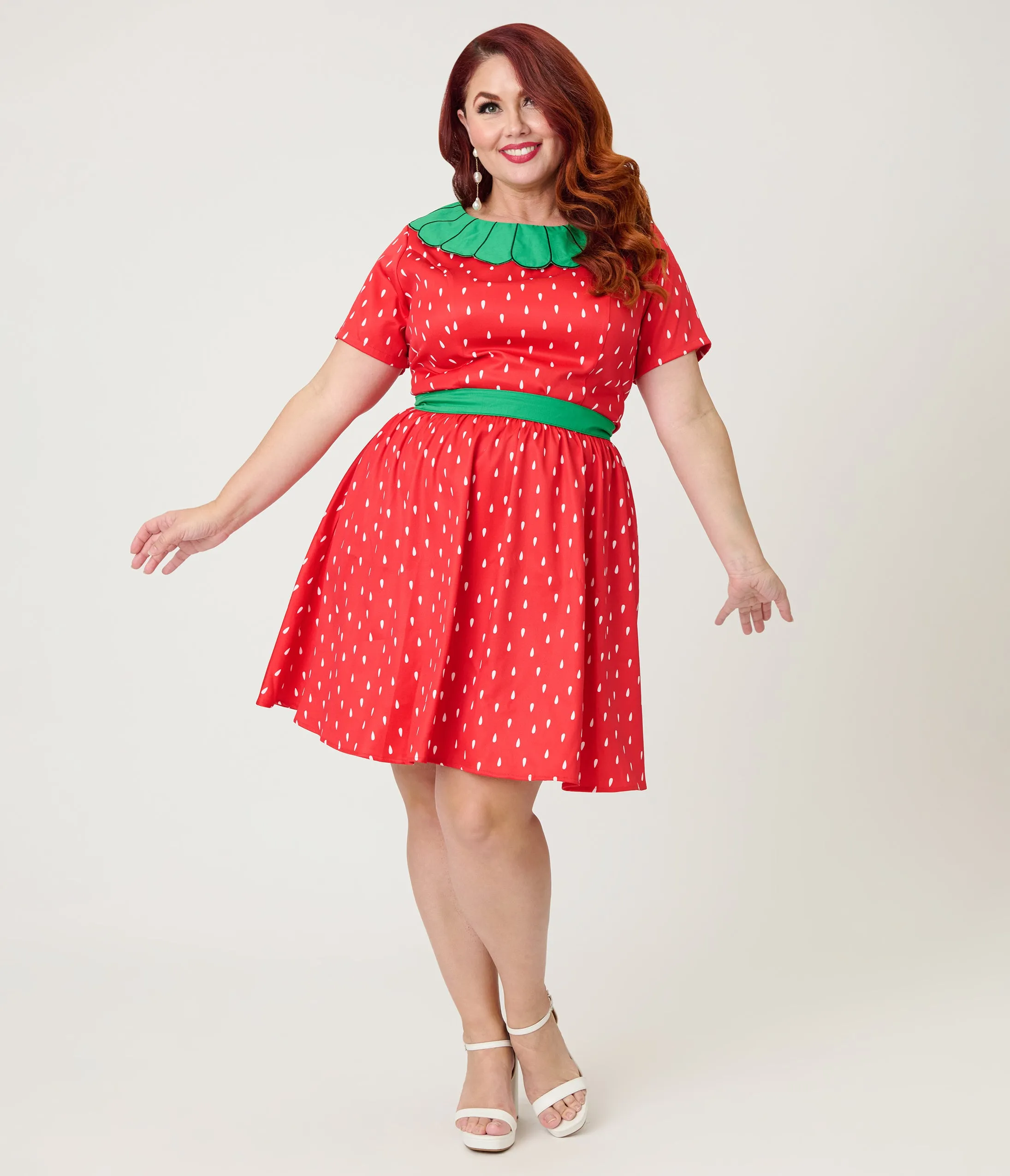 Smak Parlour Plus Size Red & Green Petal Collar Flare Dress sold by Unique Vintage