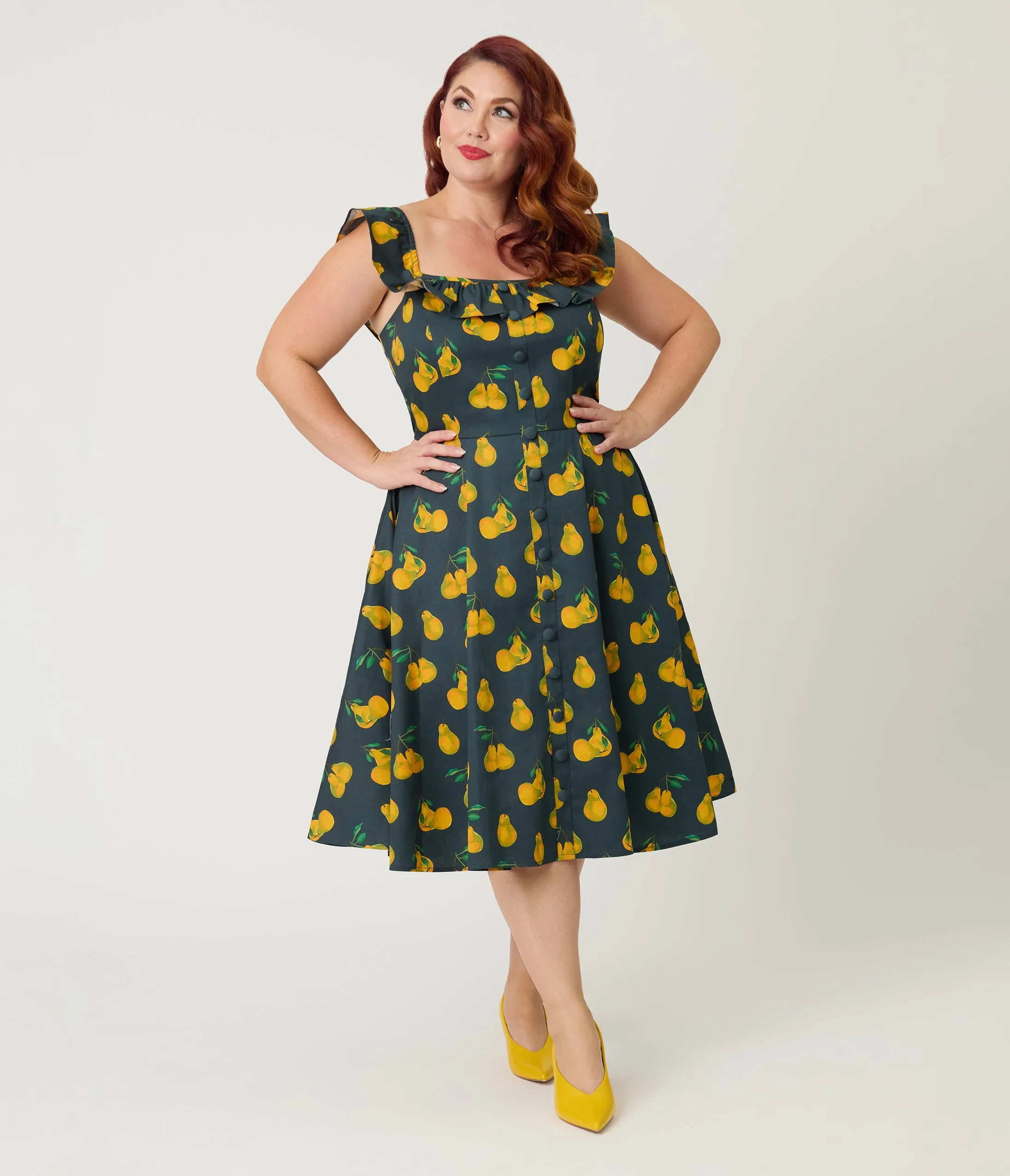Magnolia Place Plus Size Black & Yellow Pear Print Barbara Swing Dress sold by Unique Vintage product image thumbnail 3